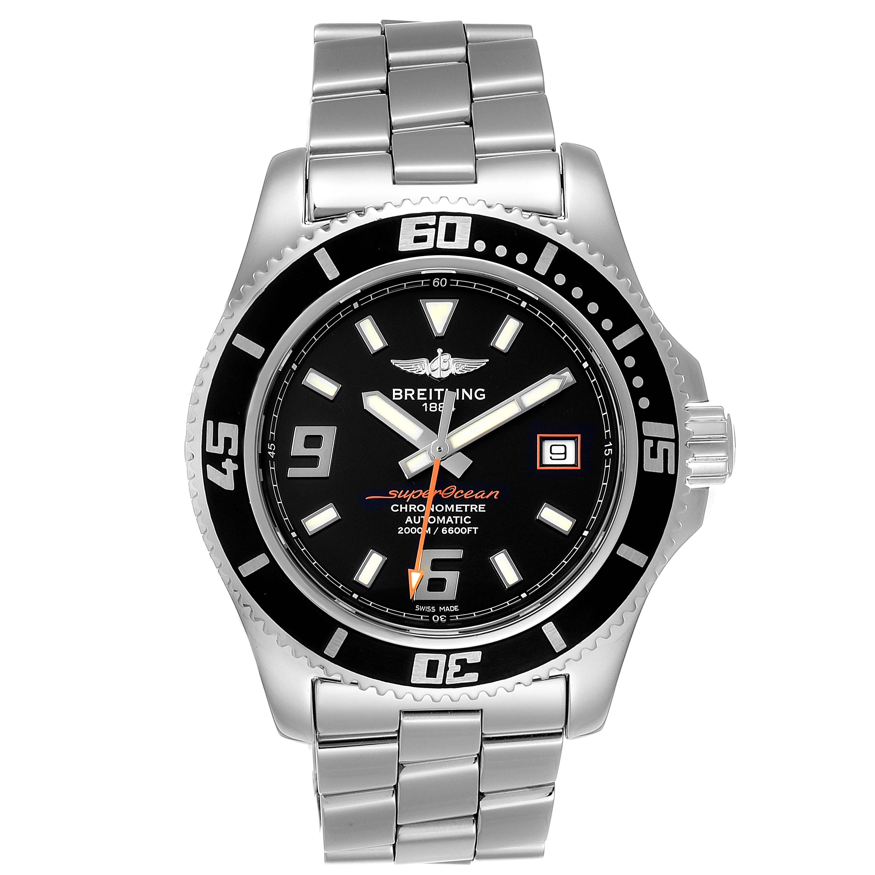 The Breitling Superocean A17391 Men
s Stainless Steel Black Dial A17391 Men
s Stainless Steel Black Dial watch is shown from a front angle, showcasing its black dial, bezel, silver bracelet, and crown.
