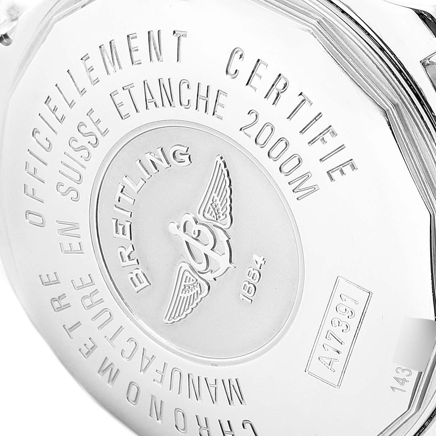 The image shows the back case of a Breitling Superocean A17391 Men
s Stainless Steel Black Dial A17391 Men
s Stainless Steel Black Dial watch, highlighting engravings and certification details.