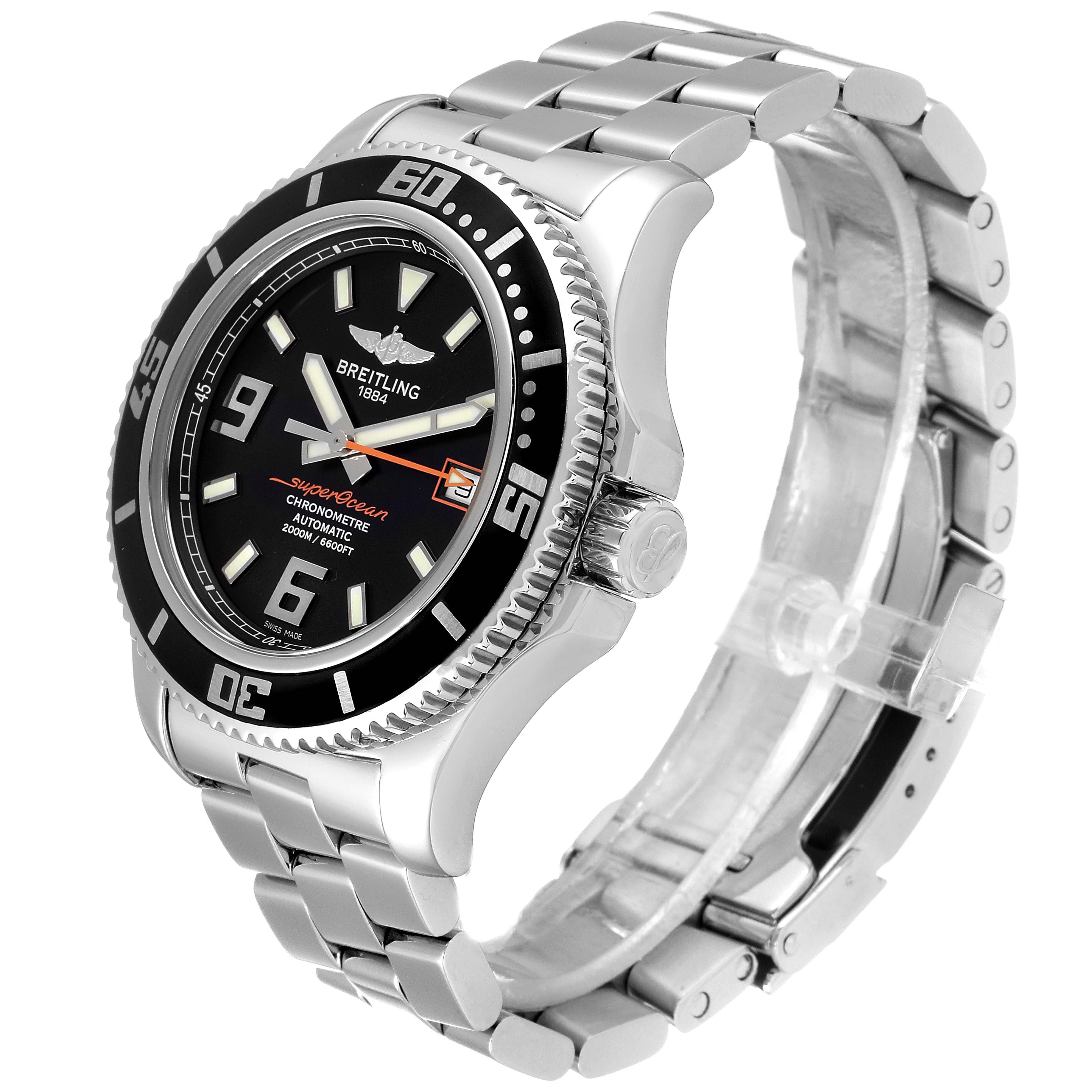 The image shows a Breitling Superocean A17391 Men
s Stainless Steel Black Dial A17391 Men
s Stainless Steel Black Dial watch at a slight angle, highlighting the dial, bezel, crown, and metal bracelet.