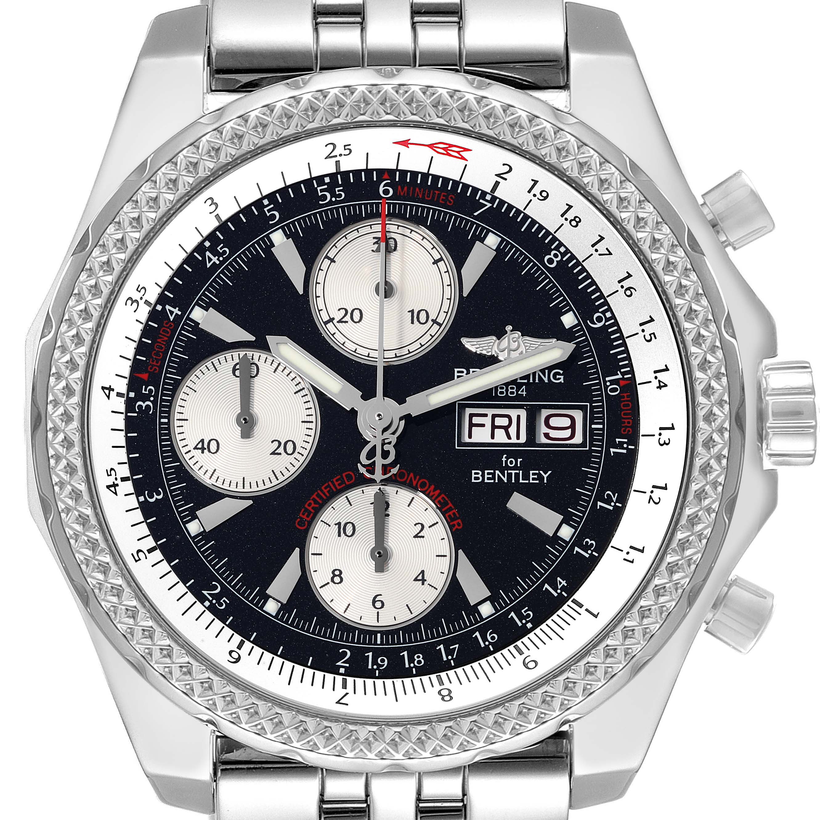 This Bentley model by Breitling is shown from the front, highlighting its dial, subdials, and bracelet.