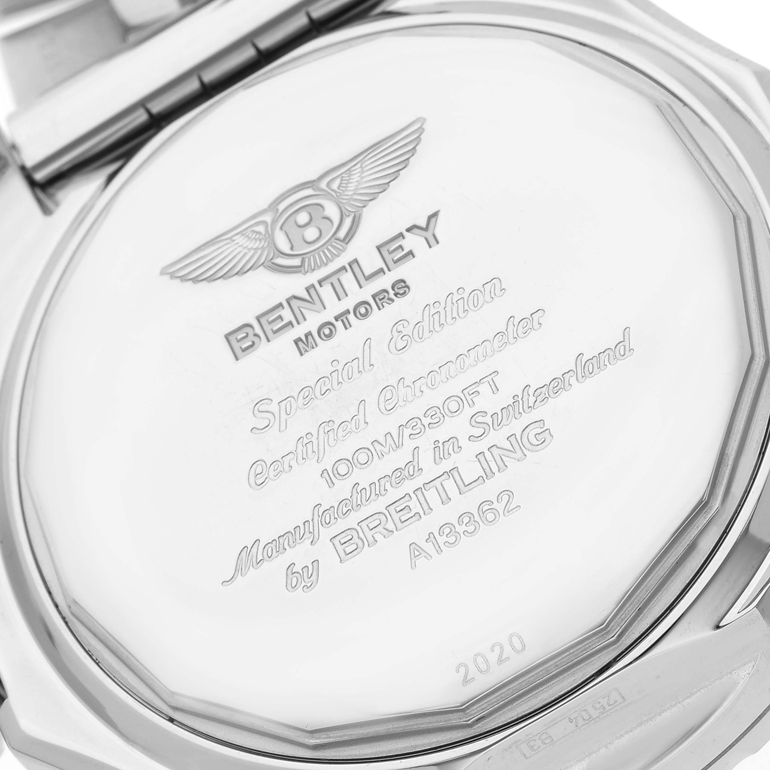 The image shows the back case of a Bentley model by Breitling, highlighting its special edition engraving and manufacturing details.
