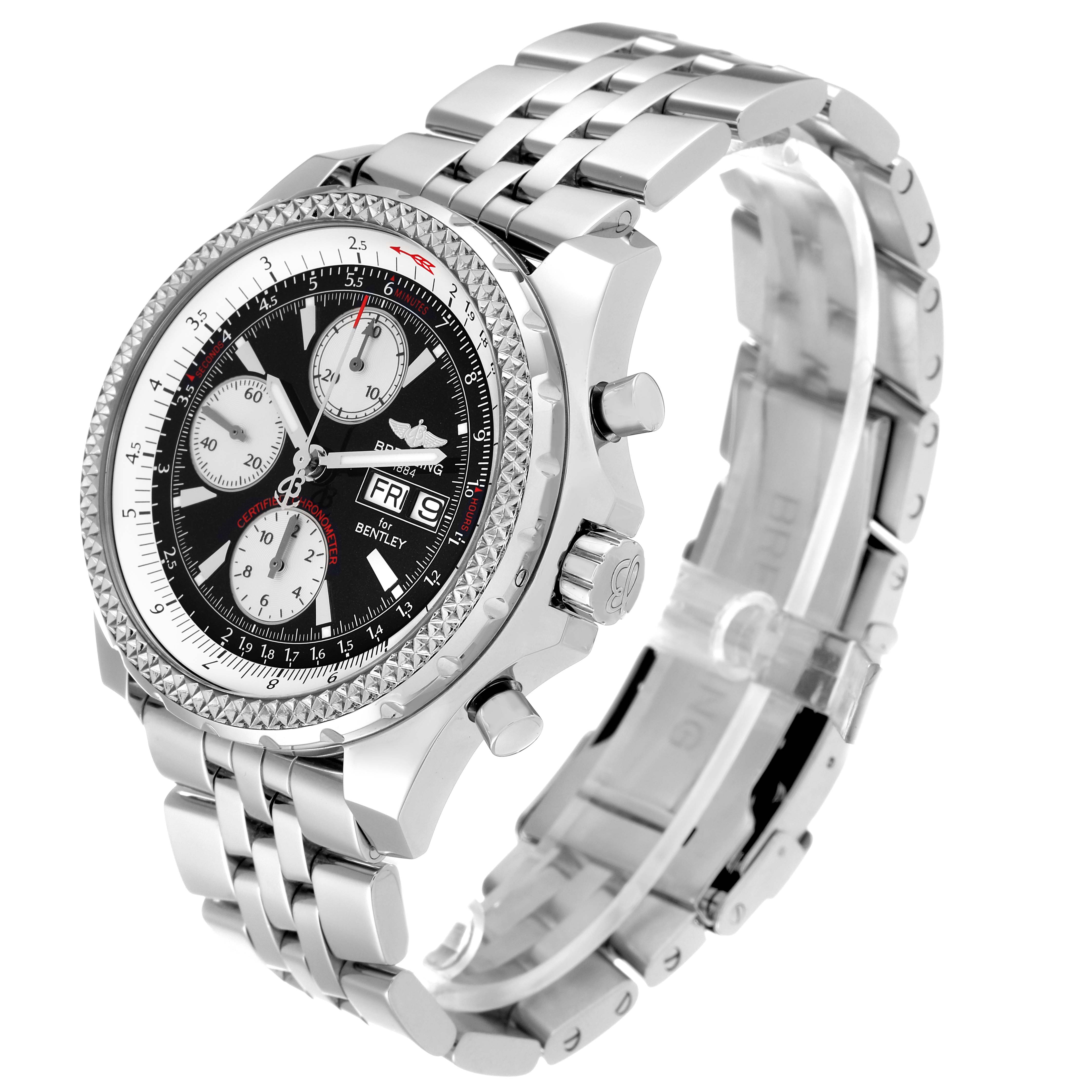 This image shows a Breitling Bentley A13362 Men's Stainless Steel Black Dial A13362 Men's Stainless Steel Black Dial model watch at a three-quarter angle, highlighting the face, bezel, pushers, crown, and metal bracelet.