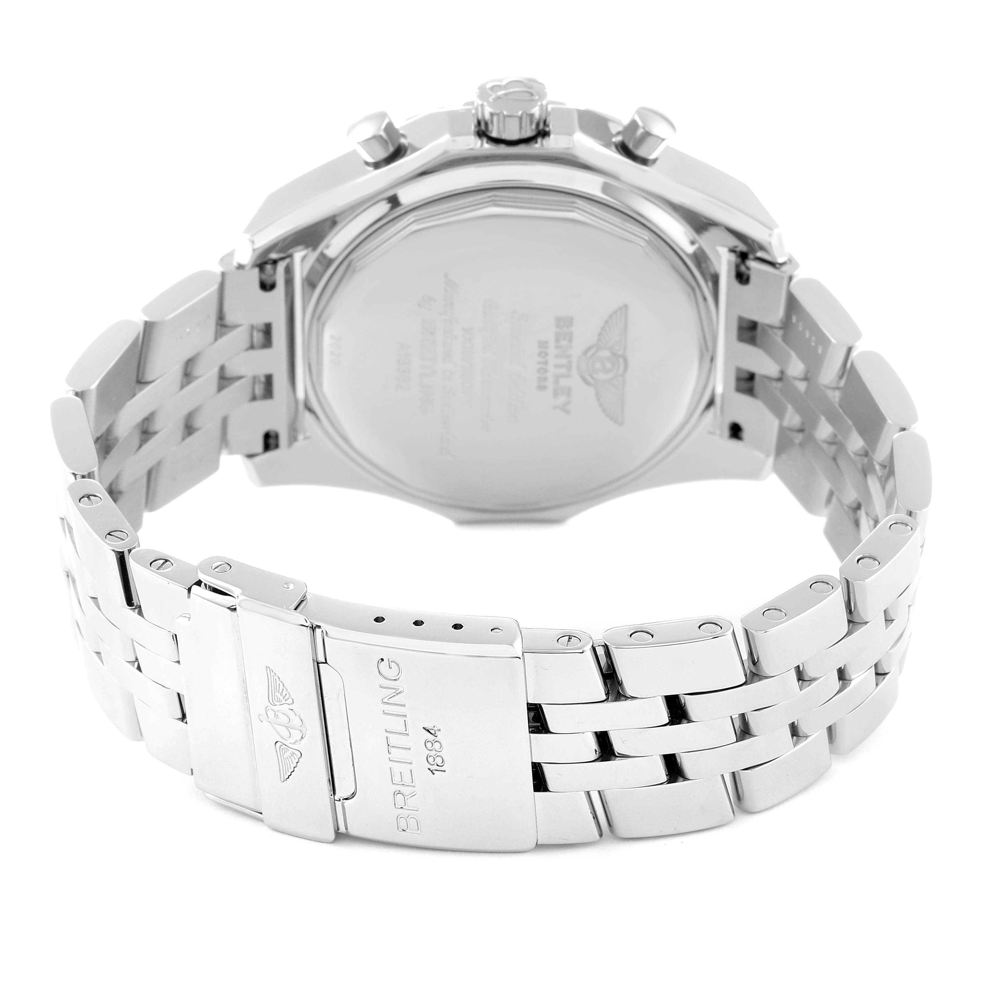 The image shows the back and bracelet clasp of a Bentley model watch by Breitling.
