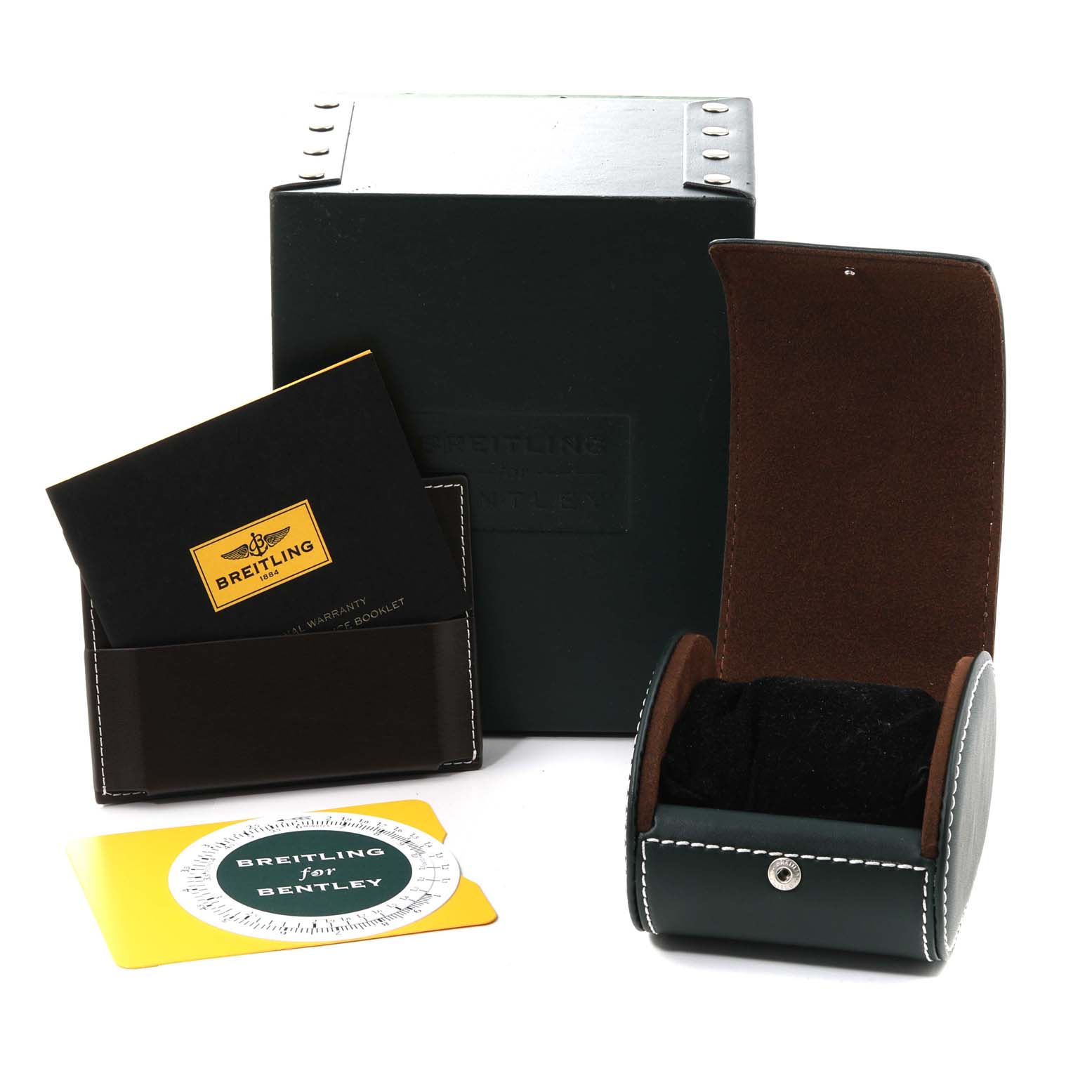 The image shows the packaging, warranty booklet, instructions, and the opened leather case for the Breitling Bentley A13362 Men's Stainless Steel Black Dial A13362 Men's Stainless Steel Black Dial model watch.