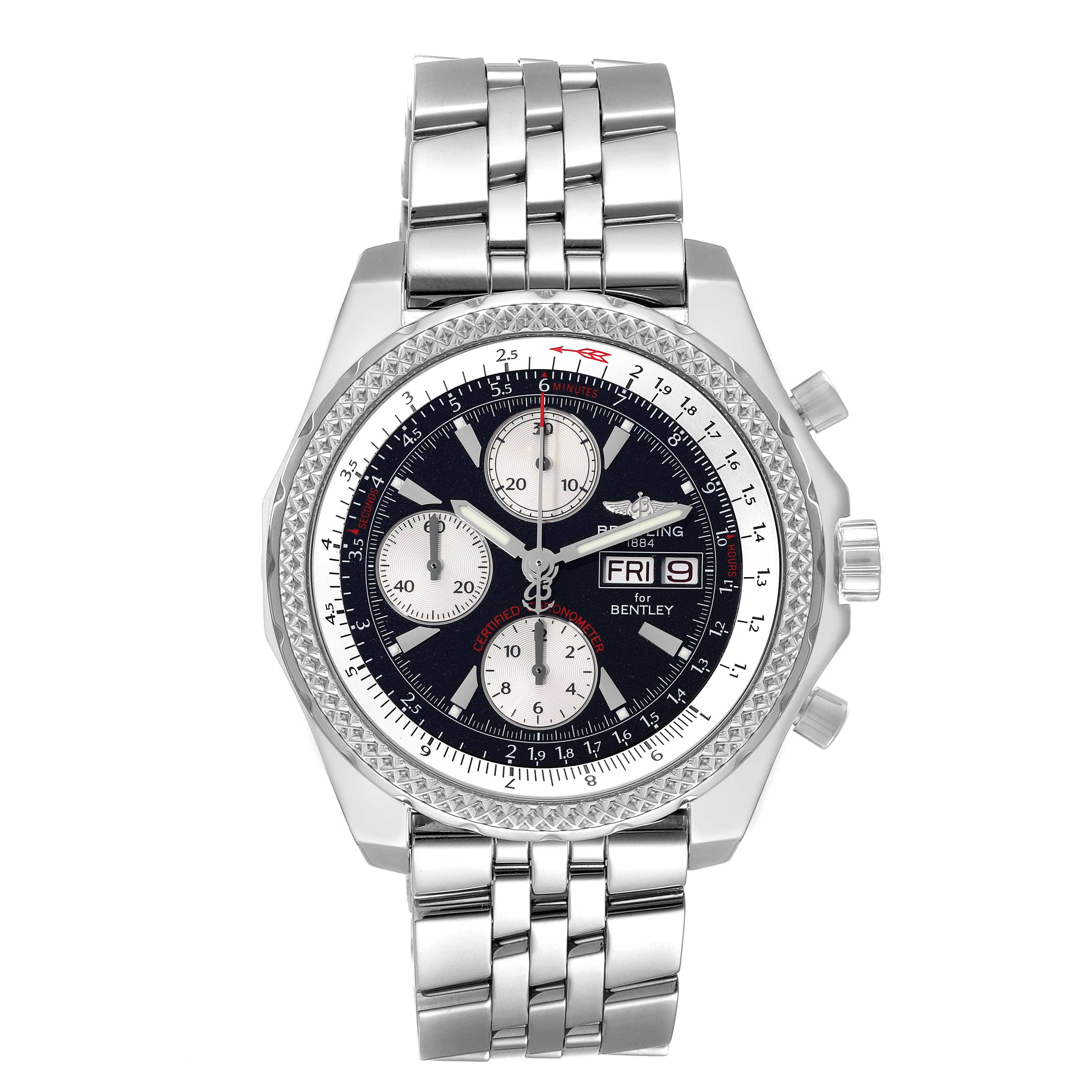 The image shows a front view of the Breitling Bentley A13362 Men's Stainless Steel Black Dial A13362 Men's Stainless Steel Black Dial model watch, highlighting its face, bezel, and metal bracelet.