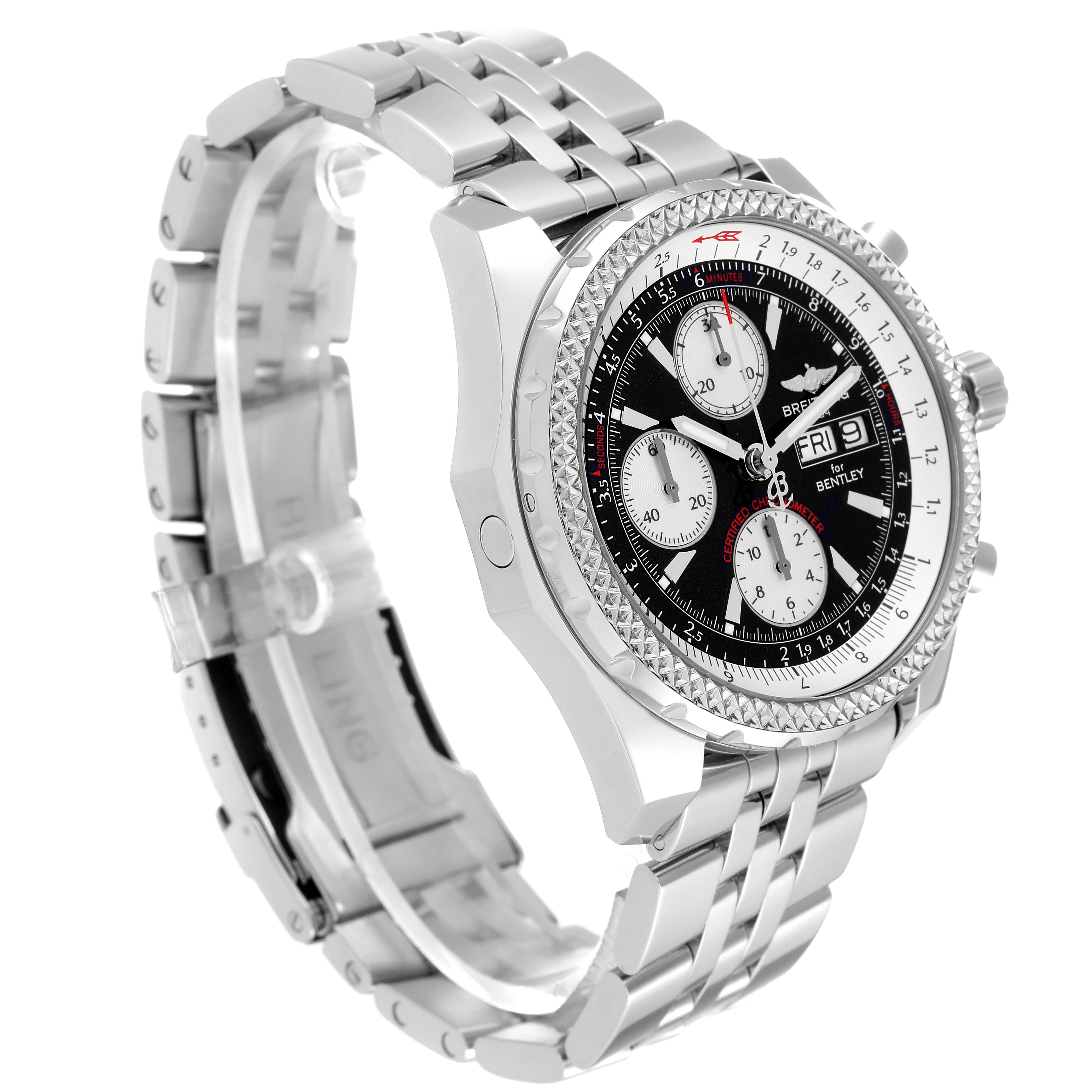 The Breitling Bentley A13362 Men's Stainless Steel Black Dial A13362 Men's Stainless Steel Black Dial model watch is shown at a slight angle, highlighting the face, bezel, bracelet, and pushers.