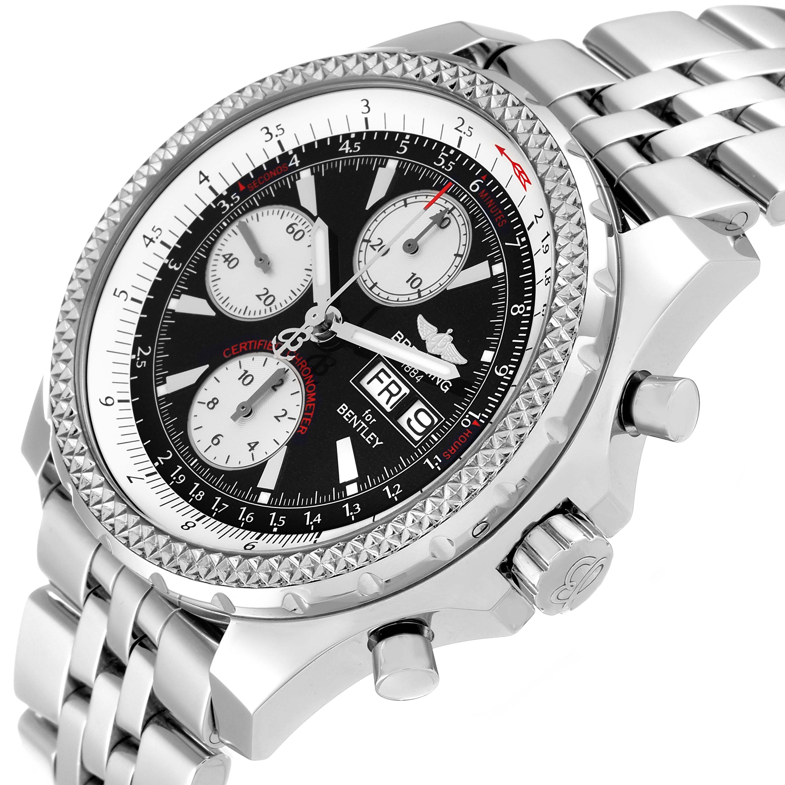 The image shows a Breitling Bentley A13362 Men's Stainless Steel Black Dial A13362 Men's Stainless Steel Black Dial watch from an angled side view, featuring the bezel, dial, and crown with pushers.