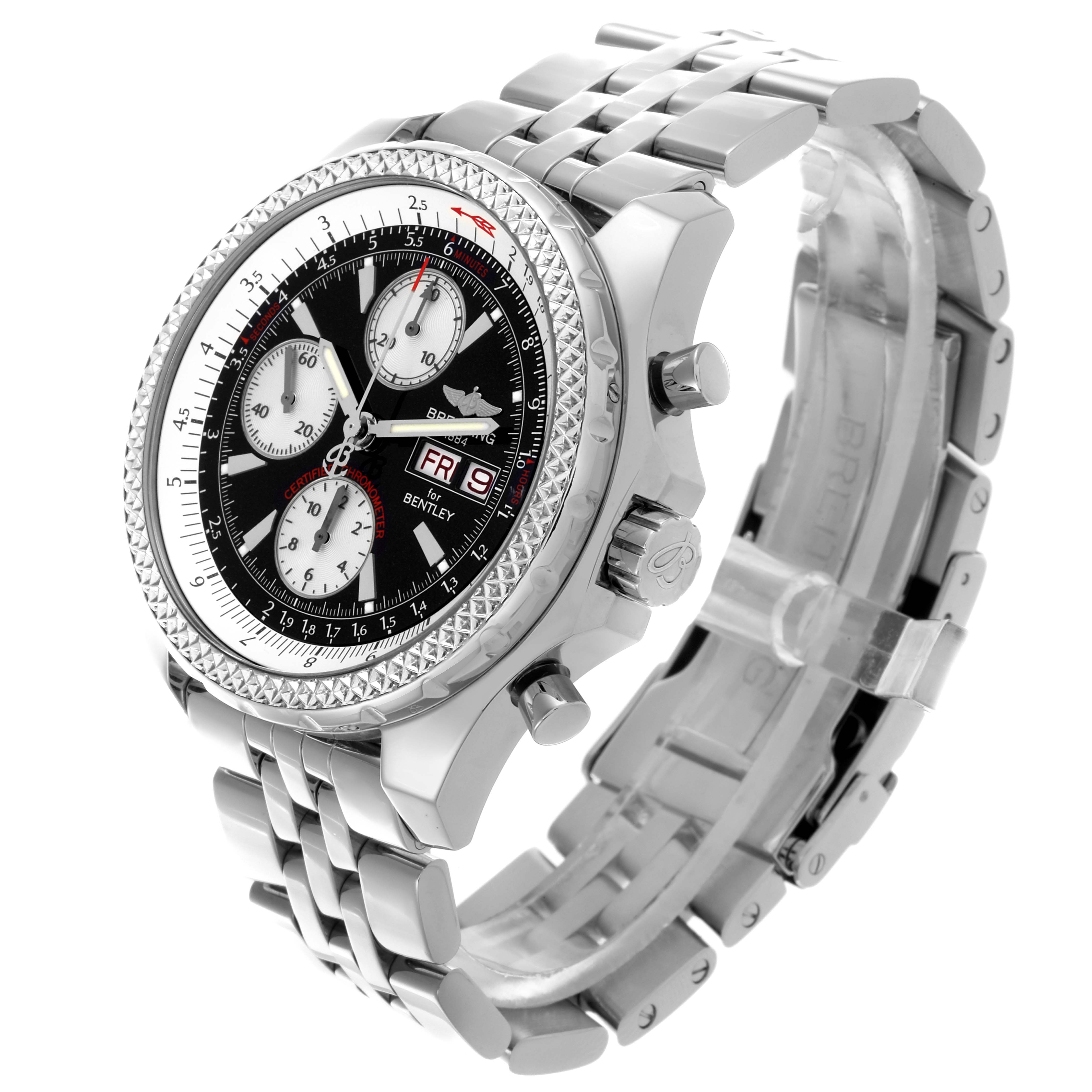 The Breitling Bentley A1336212/B724 Men's Stainless Steel Black Dial A1336212/B724 Men's Stainless Steel Black Dial watch is shown at a three-quarter angle, highlighting the face, bezel, crown, and stainless steel bracelet.