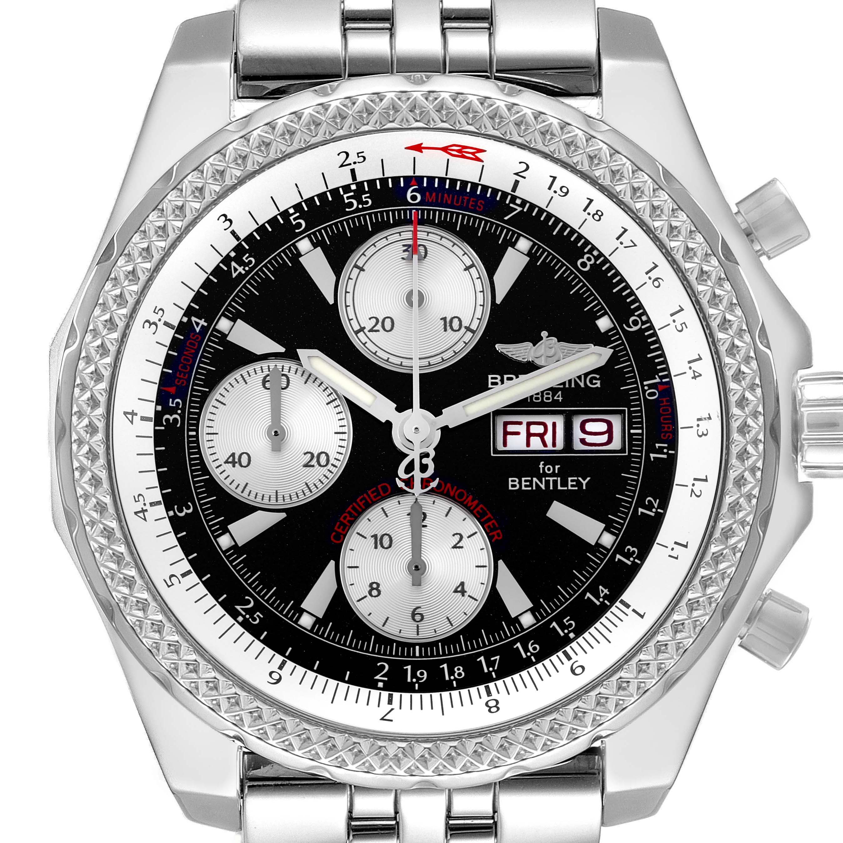 The image shows a frontal view of a Breitling Bentley A1336212/B724 Men's Stainless Steel Black Dial A1336212/B724 Men's Stainless Steel Black Dial watch, highlighting the dial, bezel, and chronograph features.