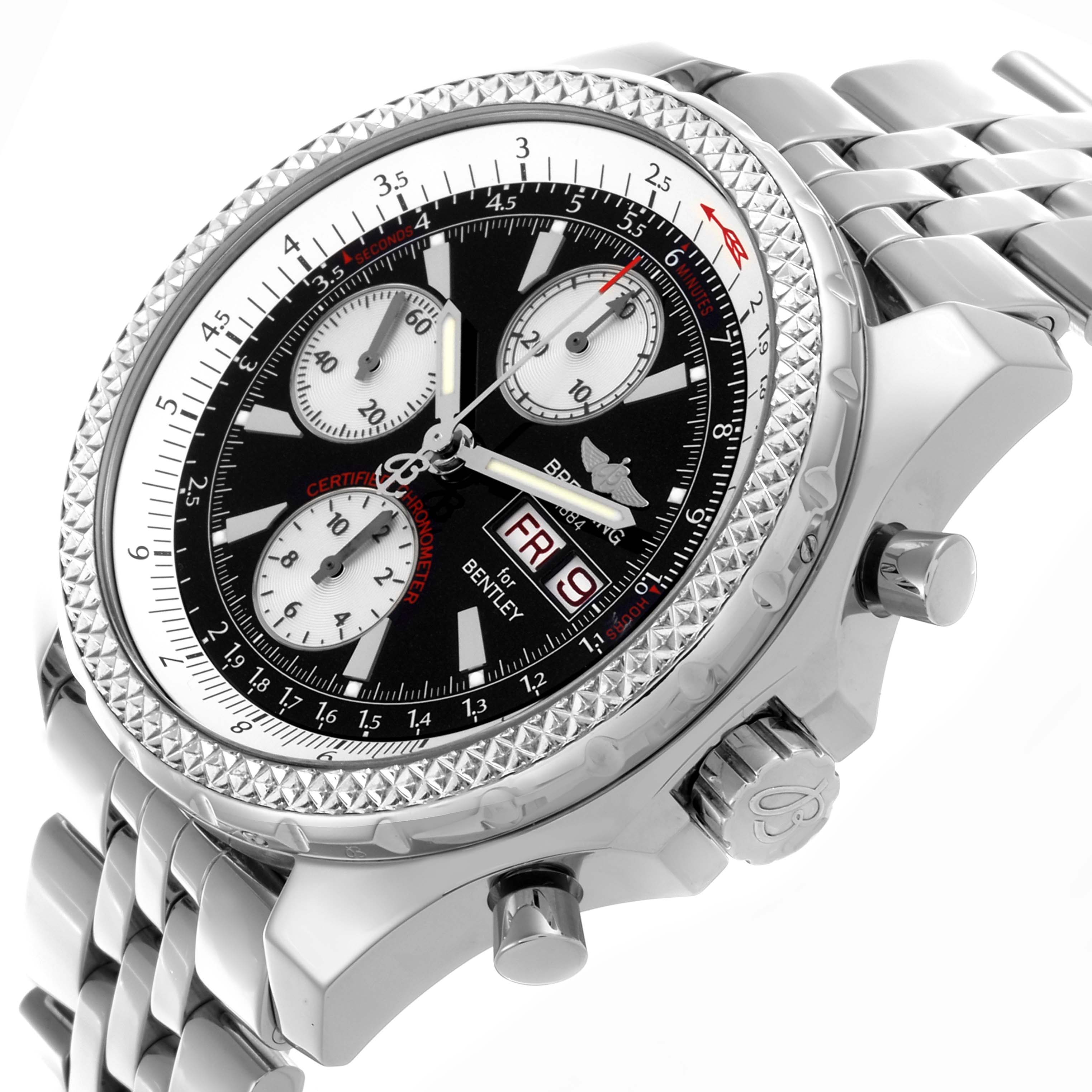 The Breitling Bentley A1336212/B724 Men's Stainless Steel Black Dial A1336212/B724 Men's Stainless Steel Black Dial watch is shown at an angle highlighting its face, side, and metallic bracelet.