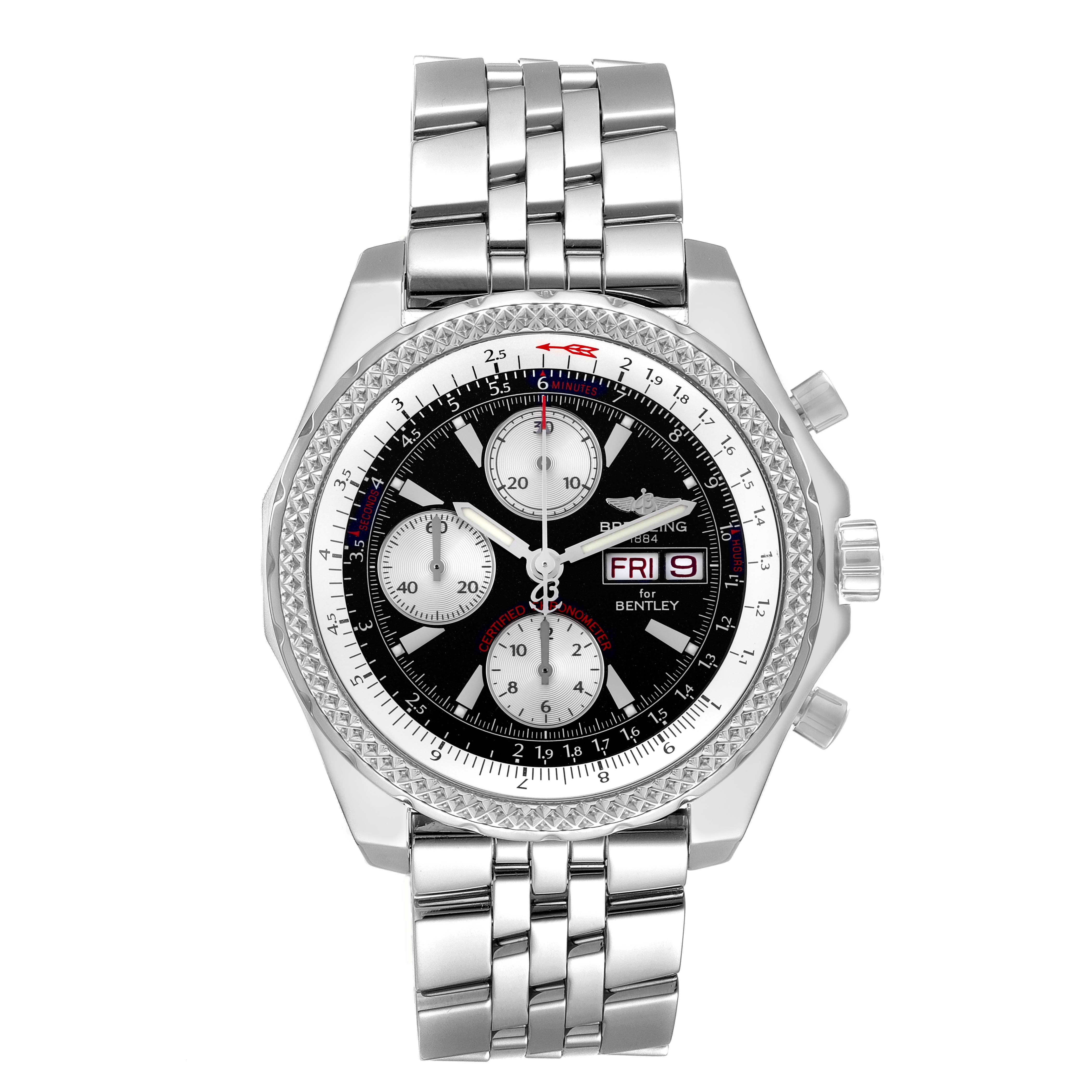 The Breitling Bentley A1336212/B724 Men's Stainless Steel Black Dial A1336212/B724 Men's Stainless Steel Black Dial watch is shown from the front, featuring its dial, bezel, and bracelet.