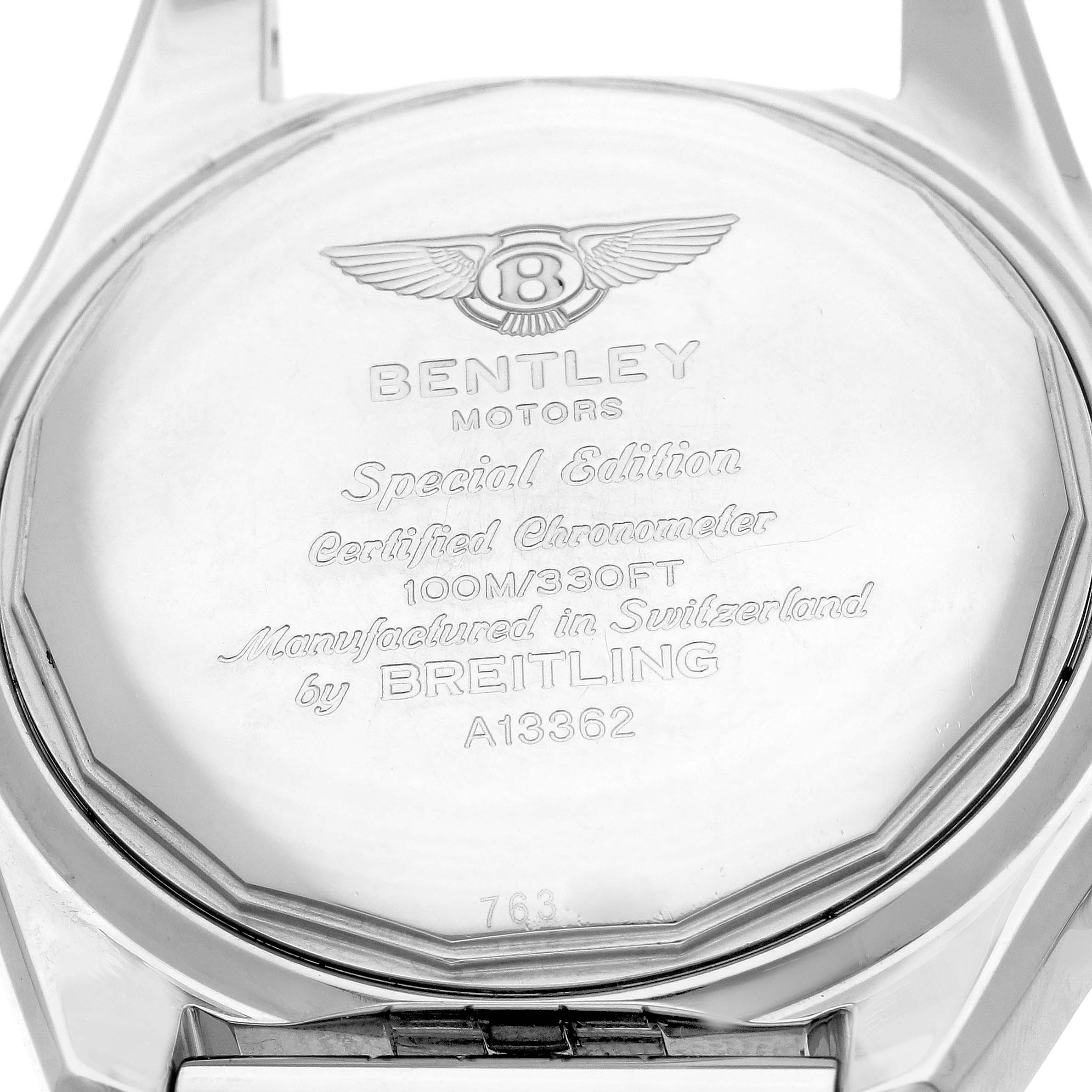 The image shows the back case of a Breitling Bentley A1336212/B724 Men's Stainless Steel Black Dial A1336212/B724 Men's Stainless Steel Black Dial watch, displaying engravings and model information.