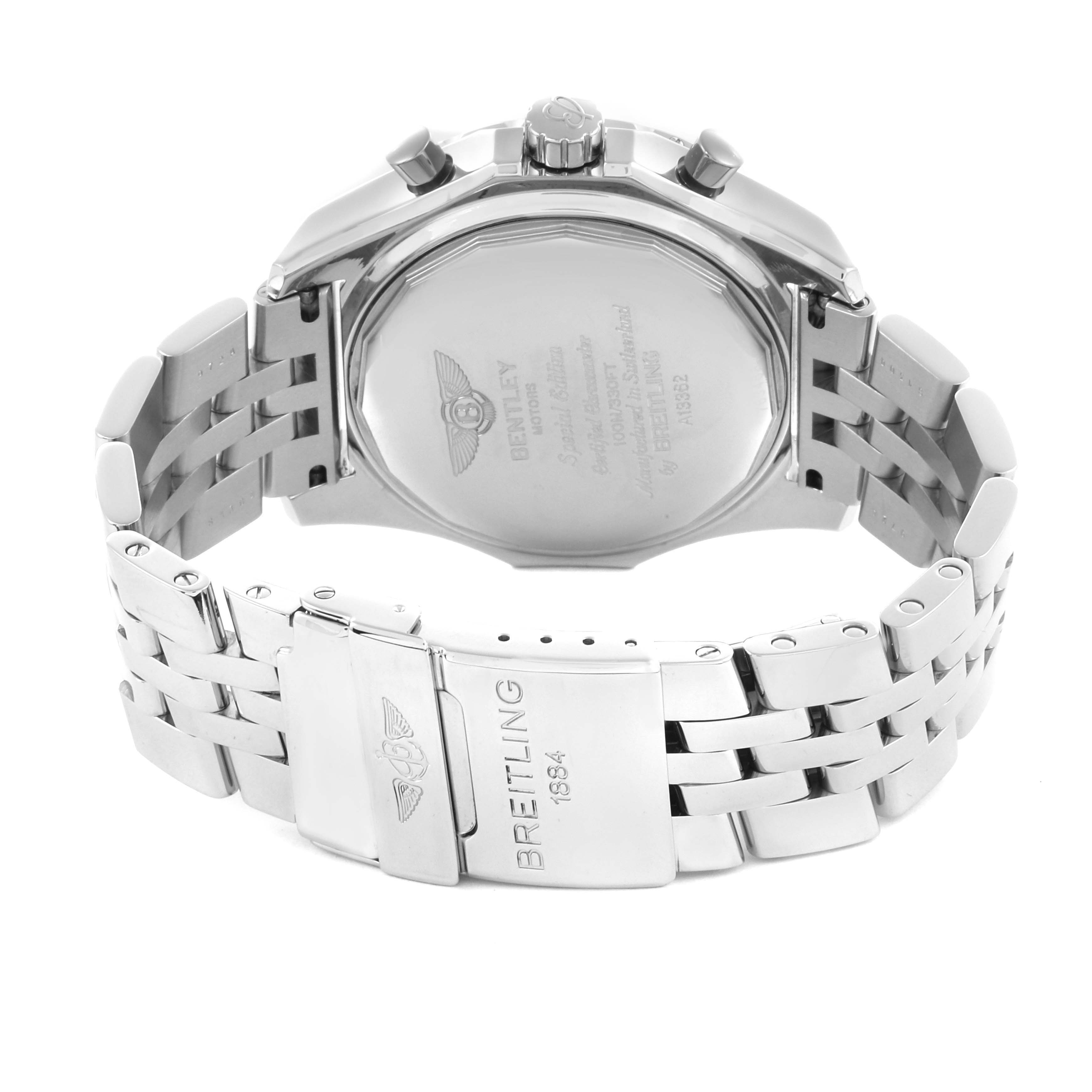 The image shows the back case and metal bracelet of the Breitling Bentley A1336212/B724 Men's Stainless Steel Black Dial A1336212/B724 Men's Stainless Steel Black Dial watch, including the clasp and engraved details.