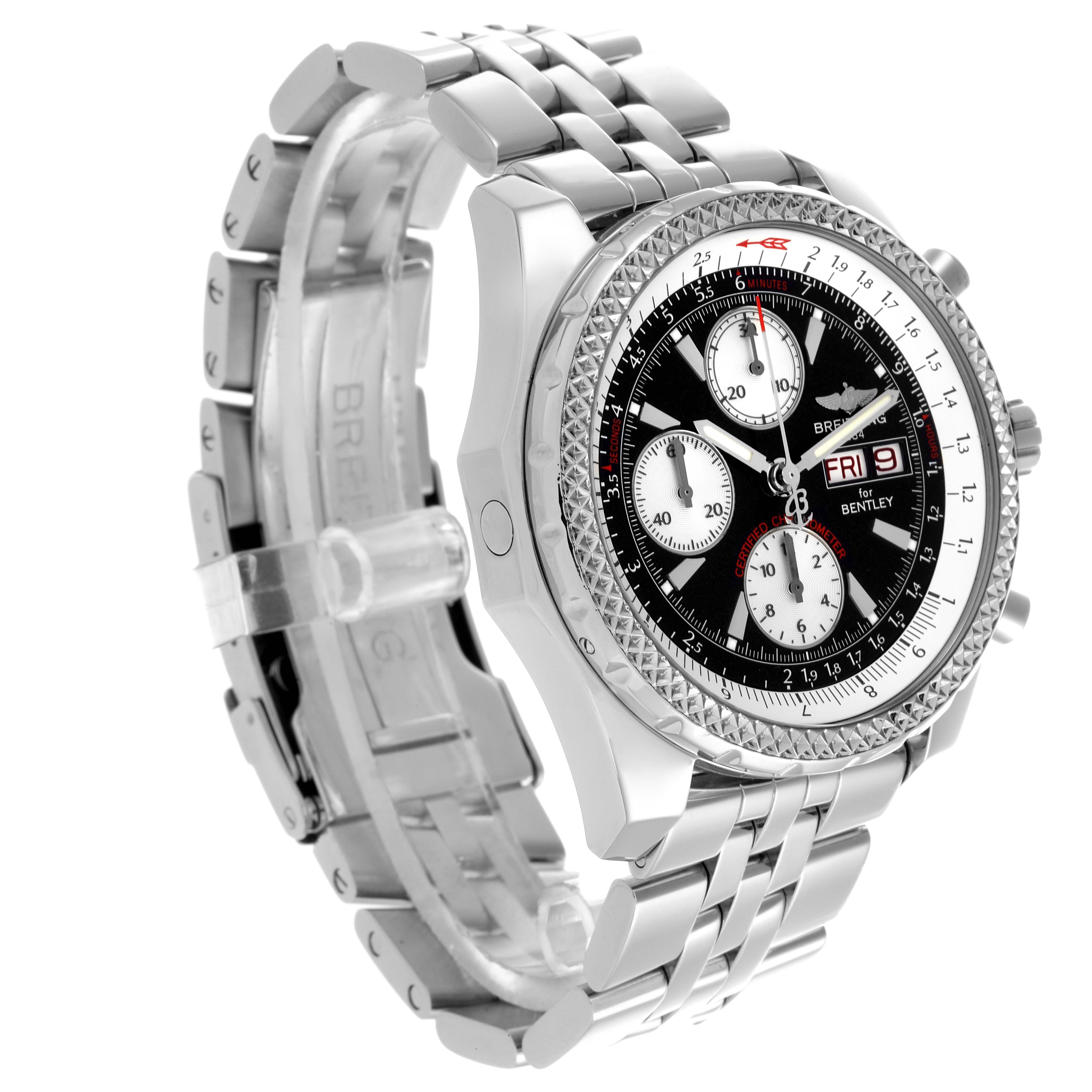 The Breitling Bentley A1336212/B724 Men's Stainless Steel Black Dial A1336212/B724 Men's Stainless Steel Black Dial watch is shown at an angled side view, displaying the face, bezel, and stainless steel bracelet.