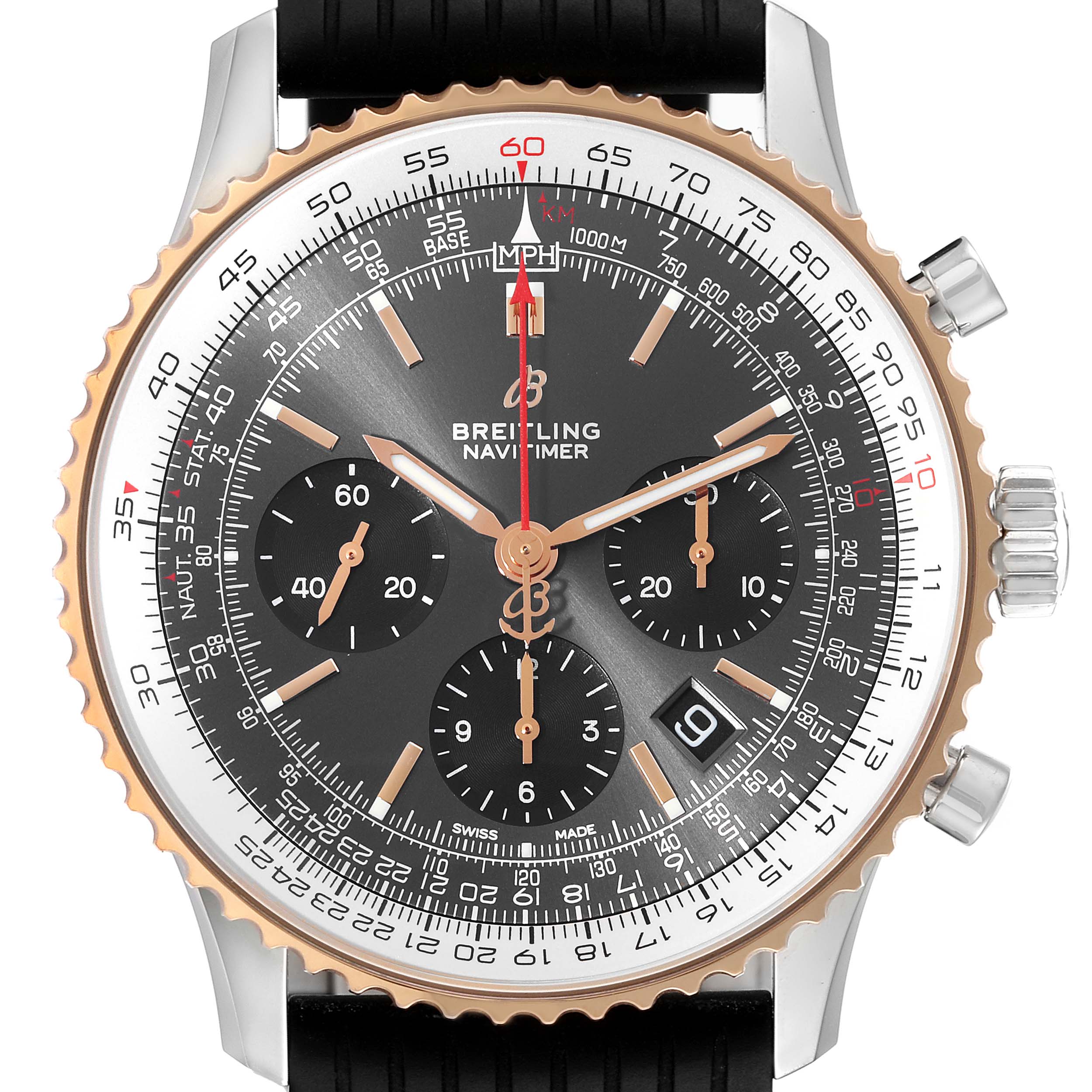 The Breitling Navitimer UB012111 Men's Steel and Gold (two tone) Grey Dial UB012111 Men's Steel and Gold (two tone) Grey Dial watch is shown from the front, highlighting the dial, case, bezel, and chronograph subdials.