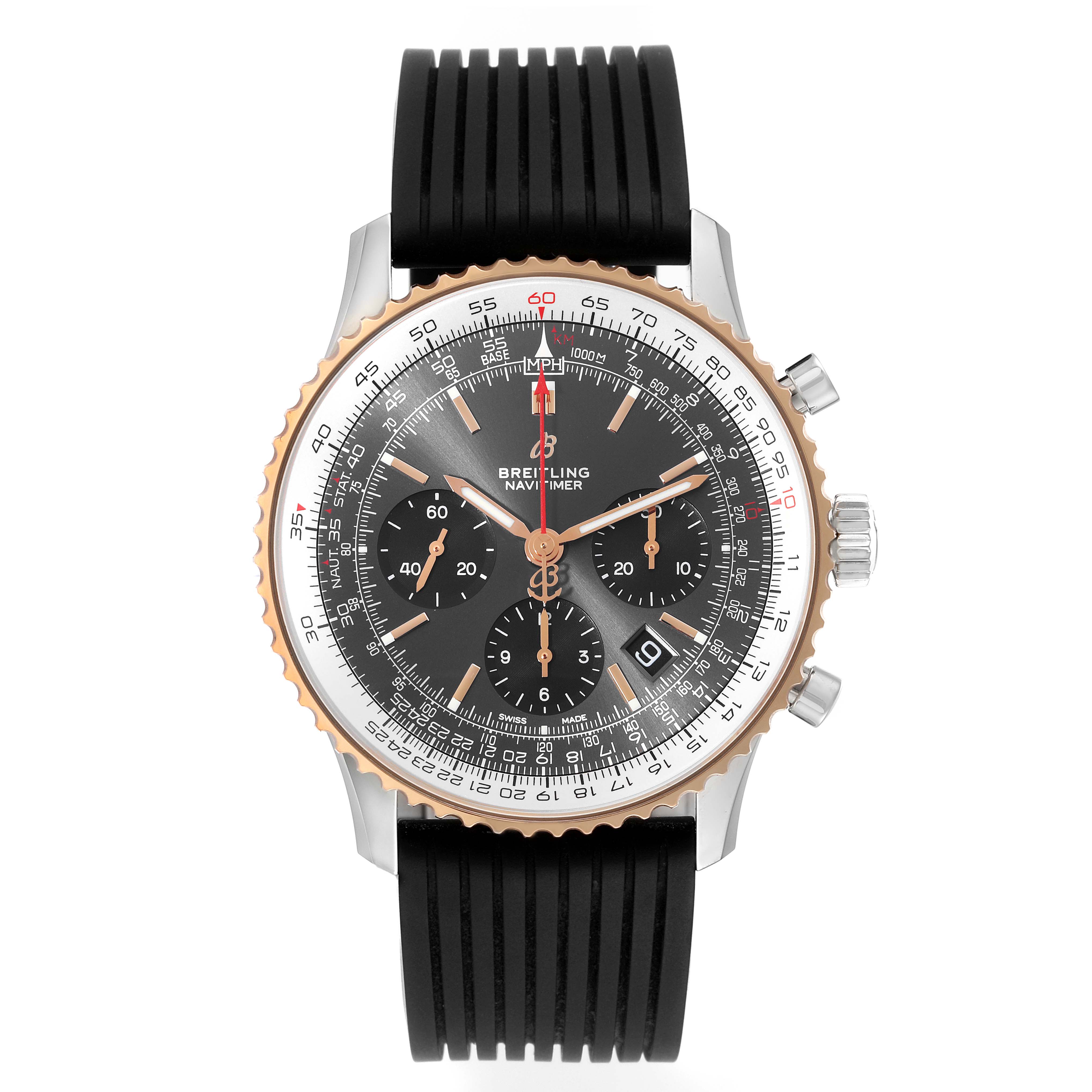 The image shows a front view of a Breitling Navitimer UB012111 Men's Steel and Gold (two tone) Grey Dial UB012111 Men's Steel and Gold (two tone) Grey Dial watch featuring a black dial, chronograph subdials, and a black strap.