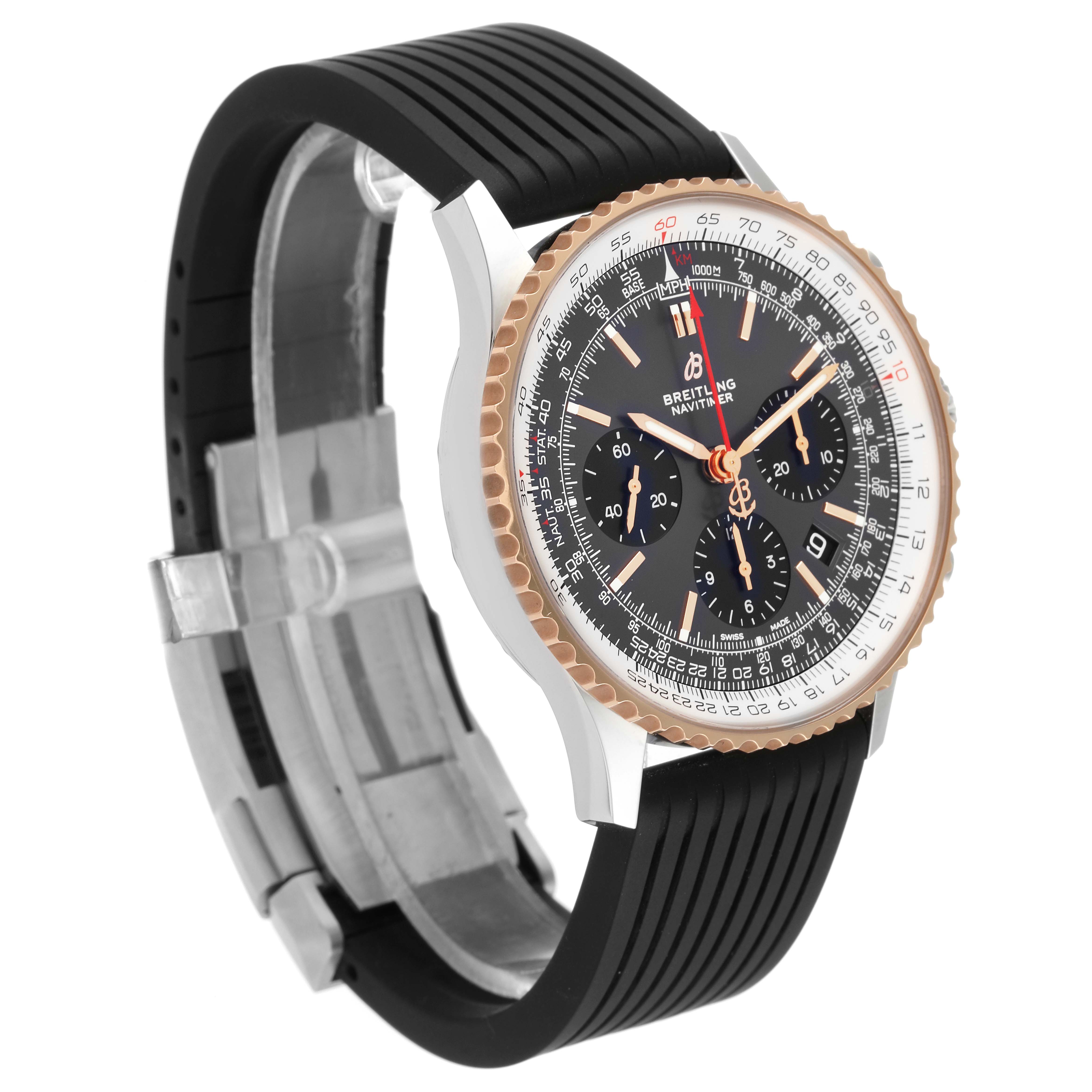 The image shows a Breitling Navitimer UB012111 Men's Steel and Gold (two tone) Grey Dial UB012111 Men's Steel and Gold (two tone) Grey Dial model watch from an angled side view, displaying its face, bezel, and part of the strap.