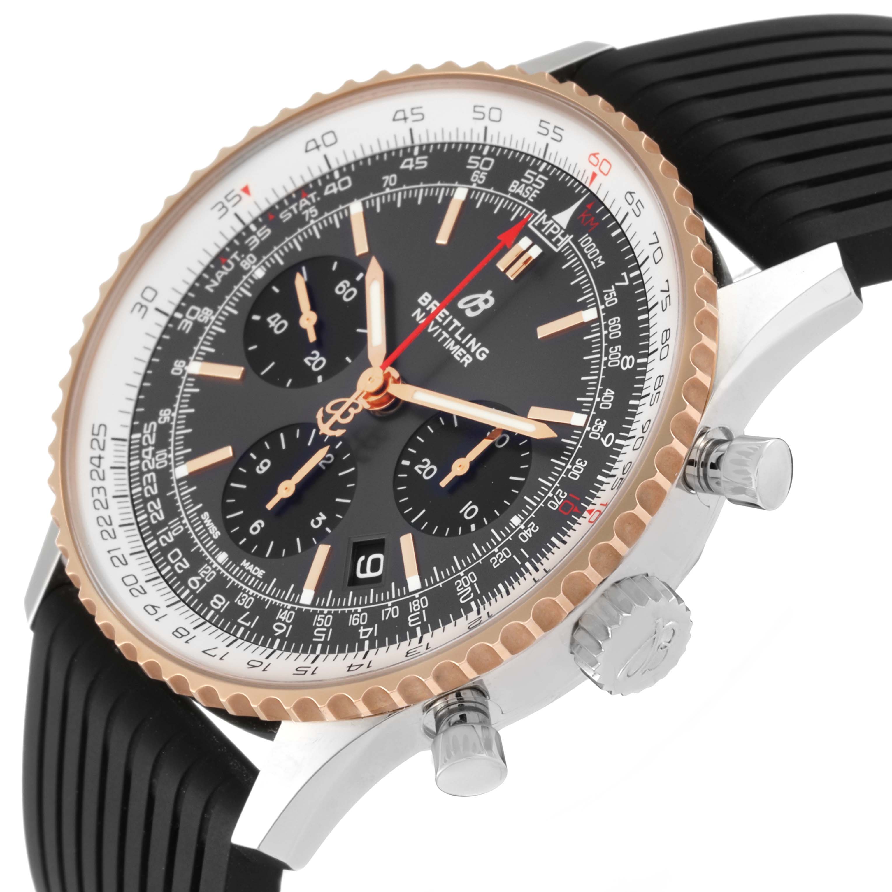 The image shows a Breitling Navitimer UB012111 Men's Steel and Gold (two tone) Grey Dial UB012111 Men's Steel and Gold (two tone) Grey Dial watch at an angled close-up, highlighting the bezel, dial, and black strap.