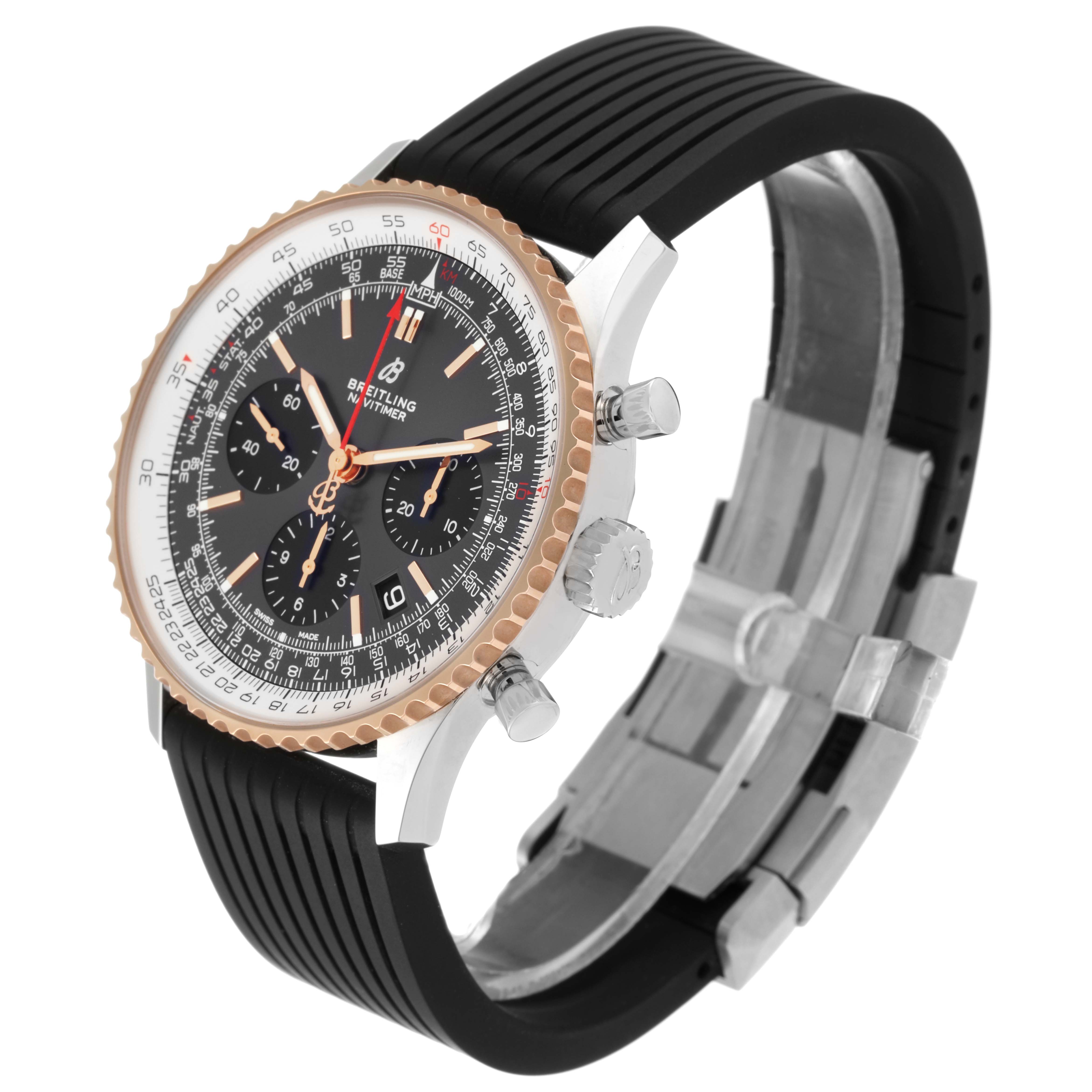The image shows a side angle of the Breitling Navitimer UB012111 Men's Steel and Gold (two tone) Grey Dial UB012111 Men's Steel and Gold (two tone) Grey Dial watch, highlighting its face, bezel, crown, and strap.