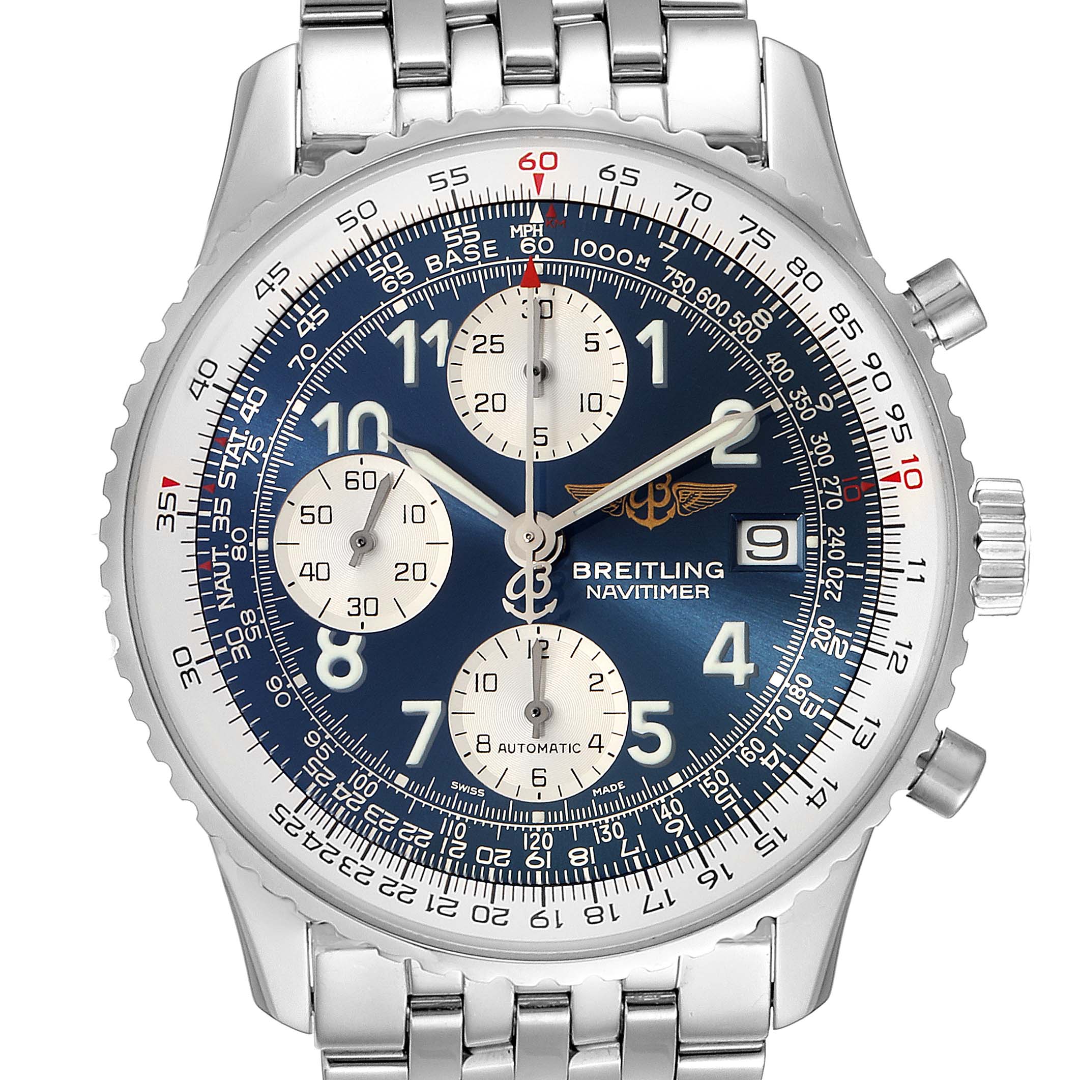 This image shows a close-up of a Breitling Navitimer A13322 Men's Stainless Steel Blue Dial A13322 Men's Stainless Steel Blue Dial watch face, including the dial, subdials, and part of the stainless steel bracelet.