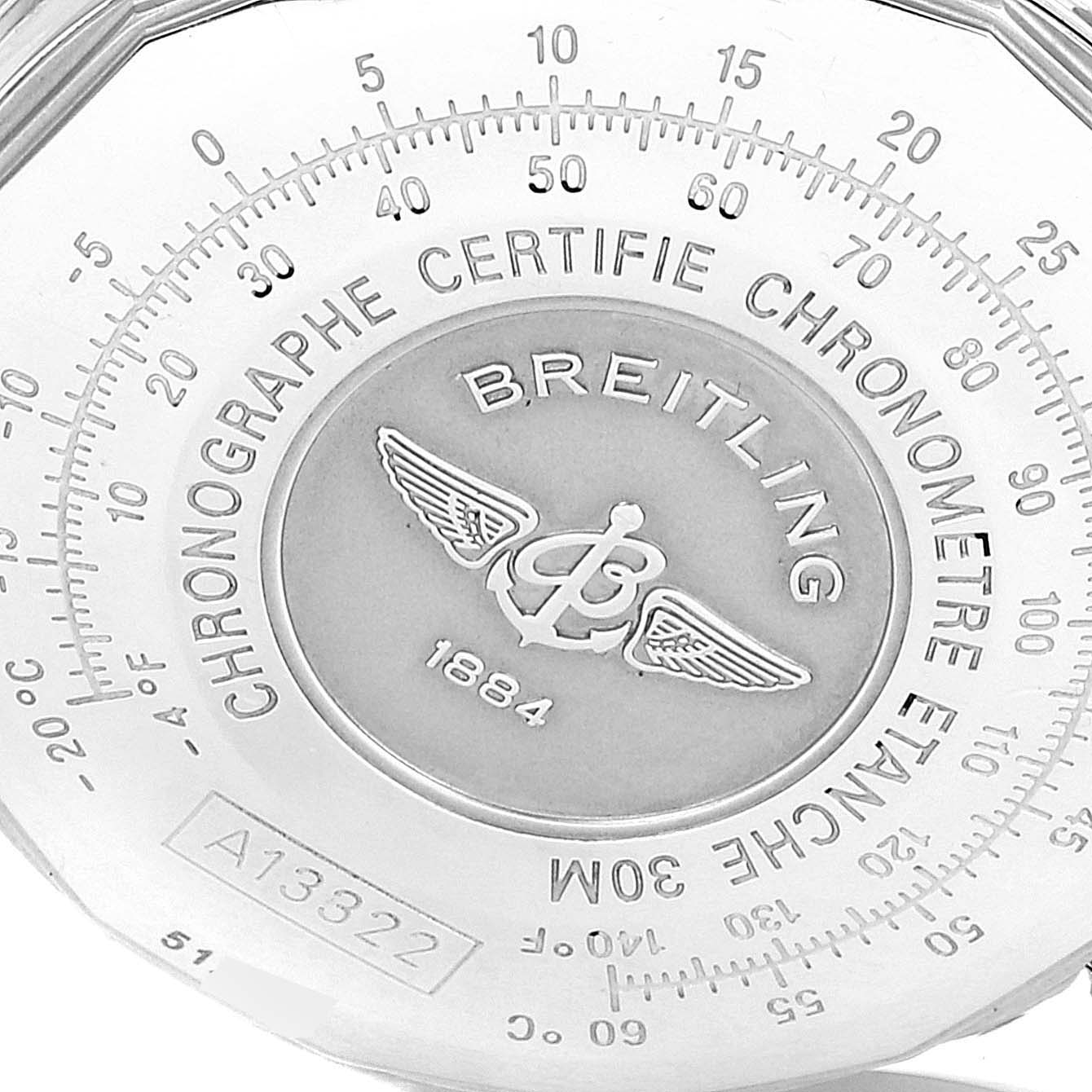 The image shows the back of a Breitling Navitimer A13322 Men's Stainless Steel Blue Dial A13322 Men's Stainless Steel Blue Dial watch, highlighting engravings and the model number.