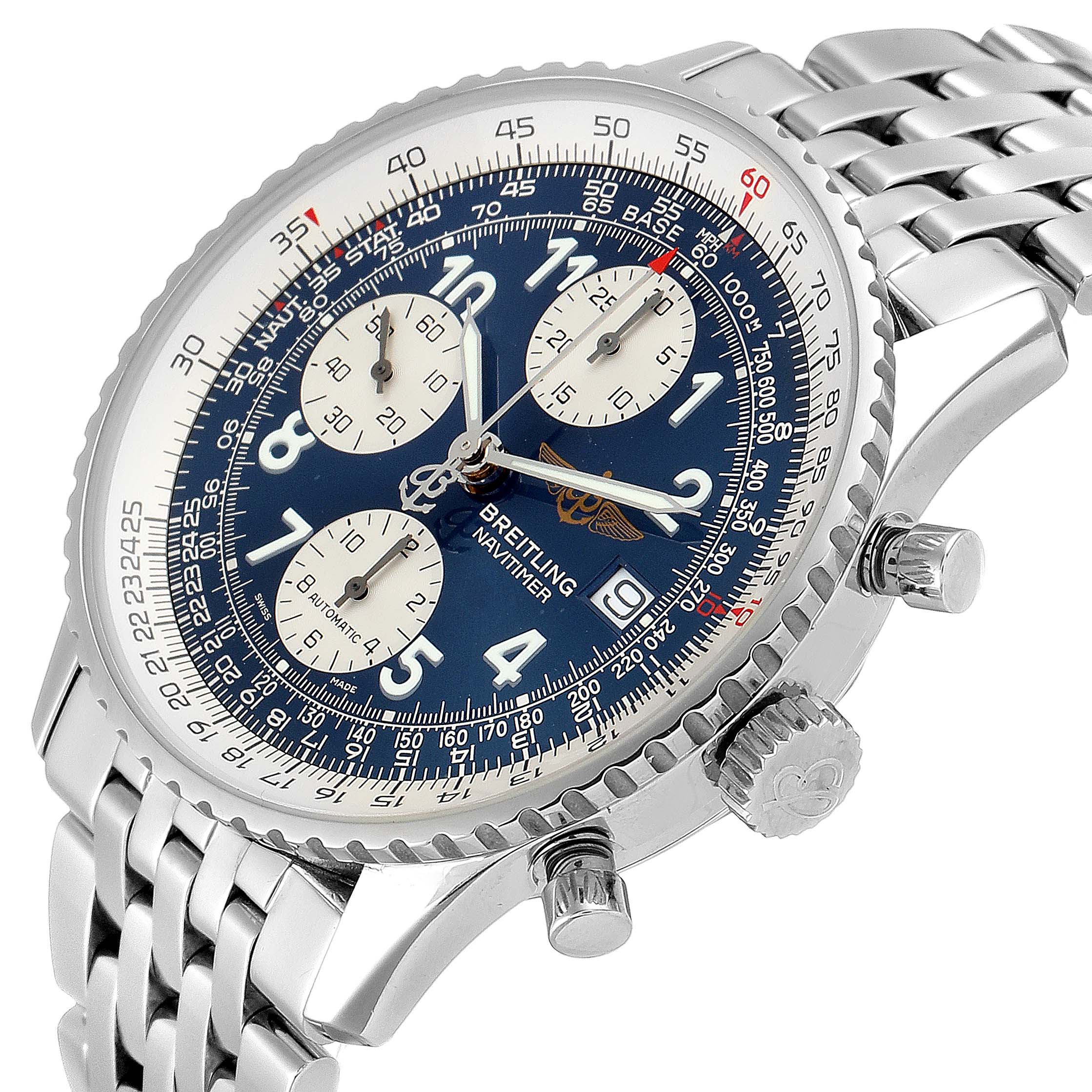 This is a close-up view of the Breitling Navitimer A13322 Men's Stainless Steel Blue Dial A13322 Men's Stainless Steel Blue Dial watch showing its dial, bezel, and side pushers.