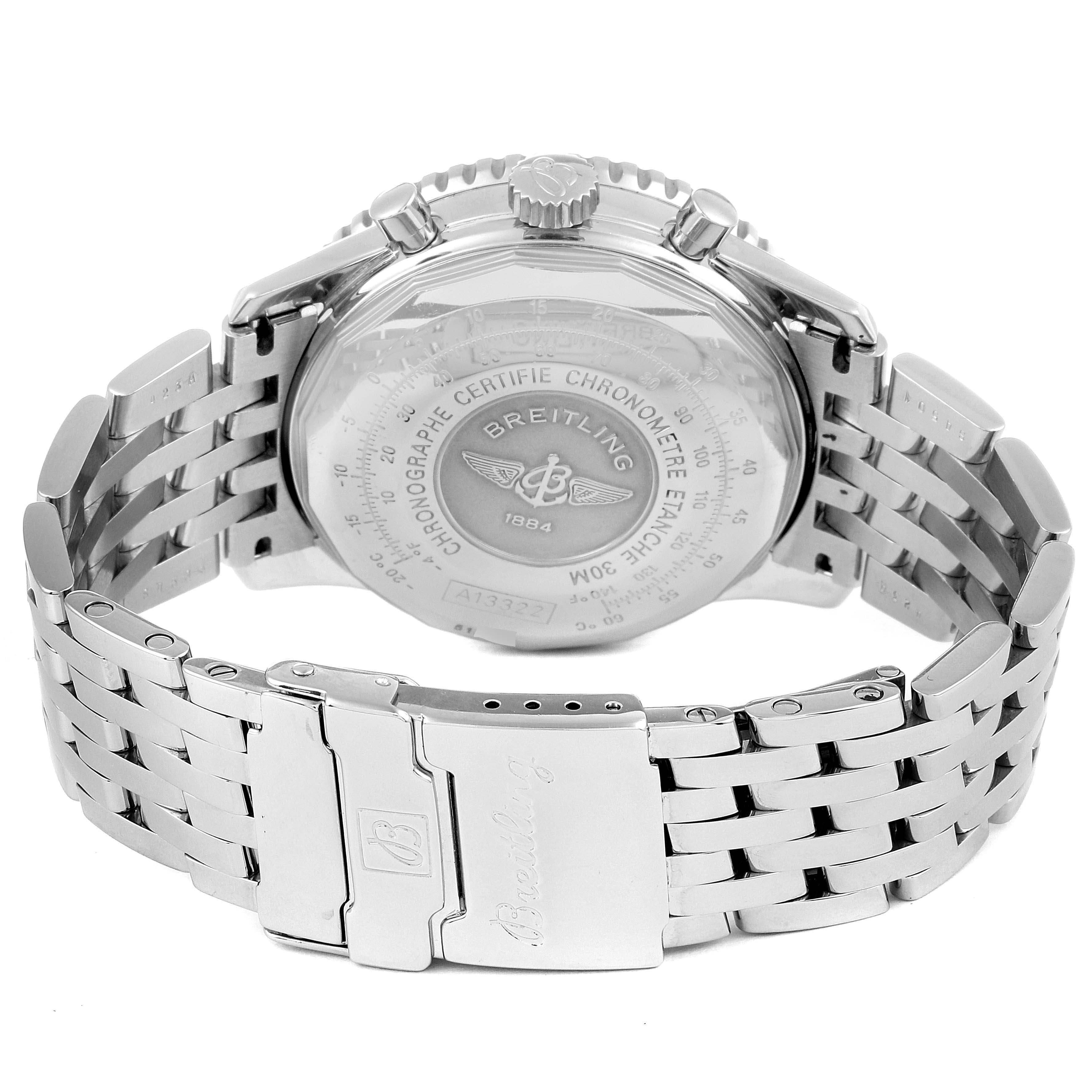 The image shows the back case and metal bracelet of a Breitling Navitimer A13322 Men's Stainless Steel Blue Dial A13322 Men's Stainless Steel Blue Dial watch, viewed from an angle focusing on the clasp and case back.