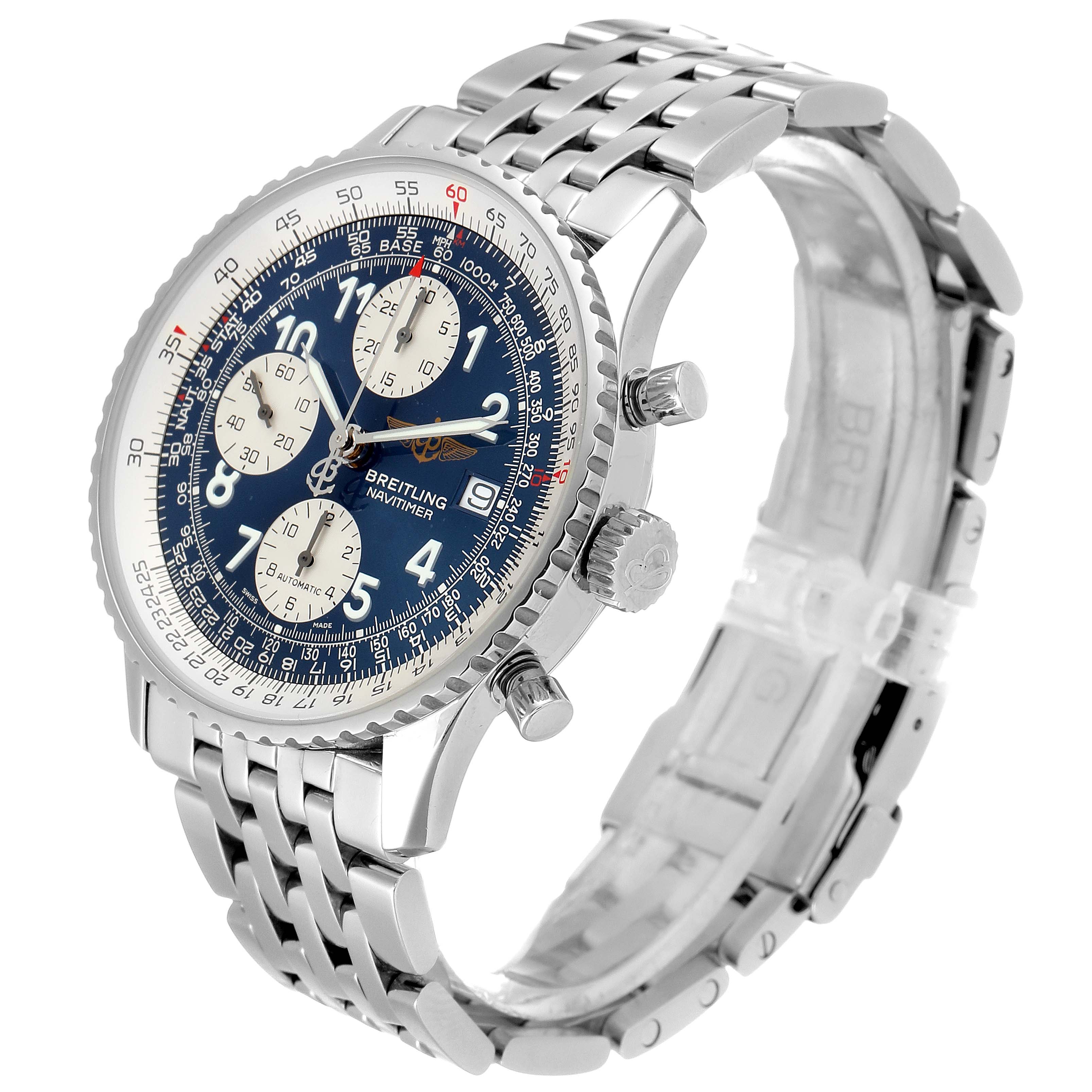 The image shows a Breitling Navitimer A13322 Men's Stainless Steel Blue Dial A13322 Men's Stainless Steel Blue Dial watch at a three-quarter angle, highlighting the face, buttons, crown, and bracelet.