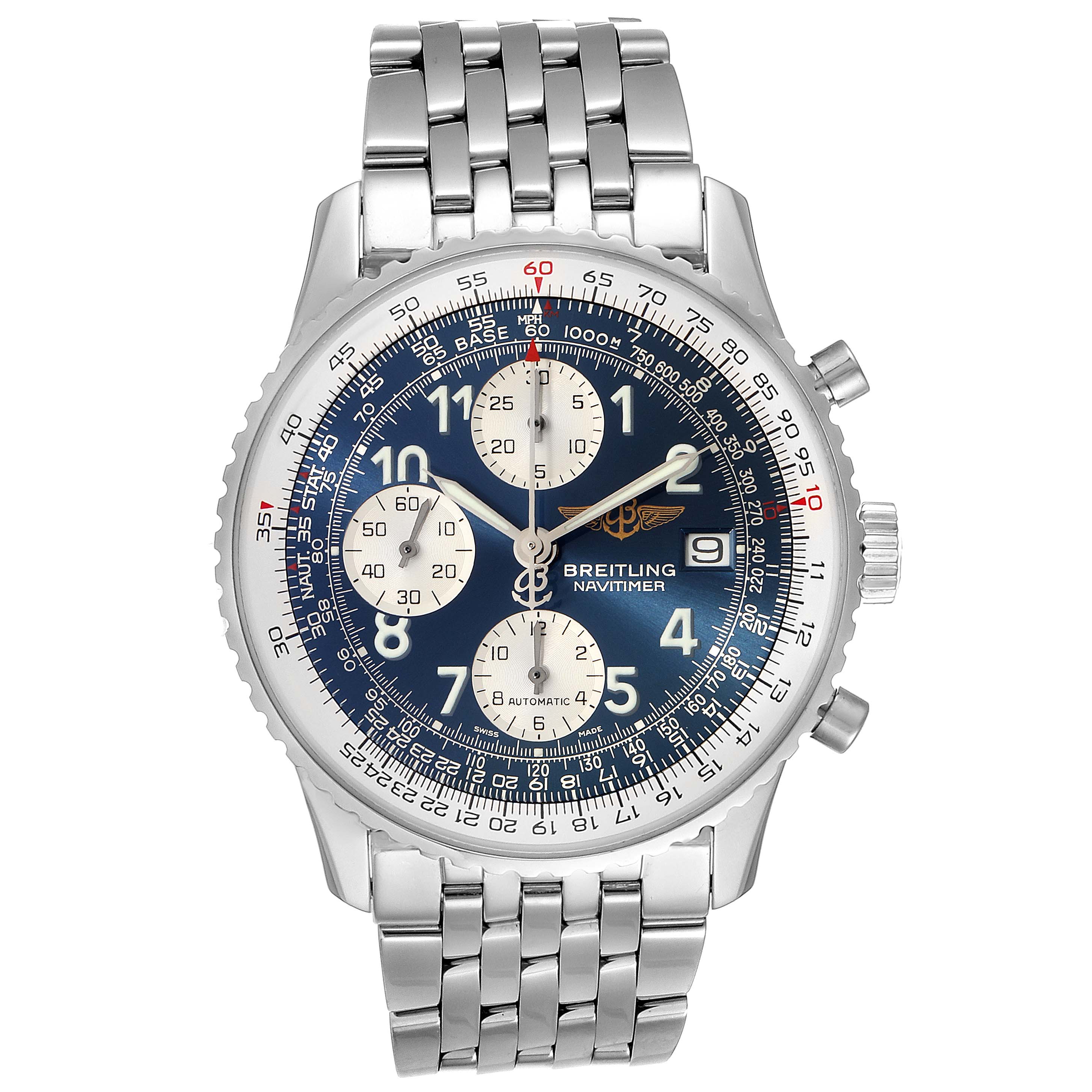 This image shows a front view of the Breitling Navitimer A13322 Men's Stainless Steel Blue Dial A13322 Men's Stainless Steel Blue Dial watch, featuring its blue dial, subdials, and metal bracelet.