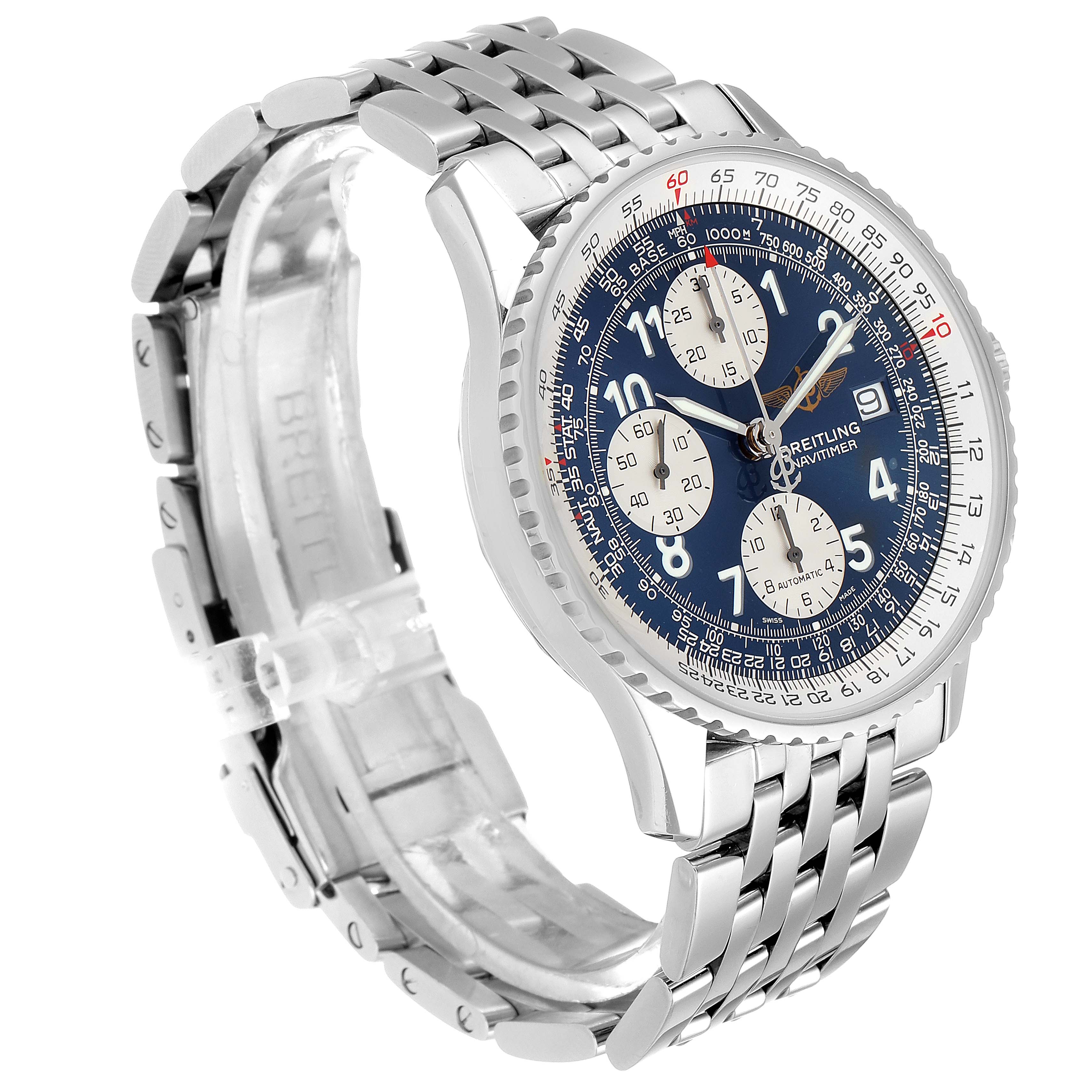 The image shows a Breitling Navitimer A13322 Men's Stainless Steel Blue Dial A13322 Men's Stainless Steel Blue Dial watch at a slight angle, displaying the face, bezel, crown, and stainless steel bracelet.