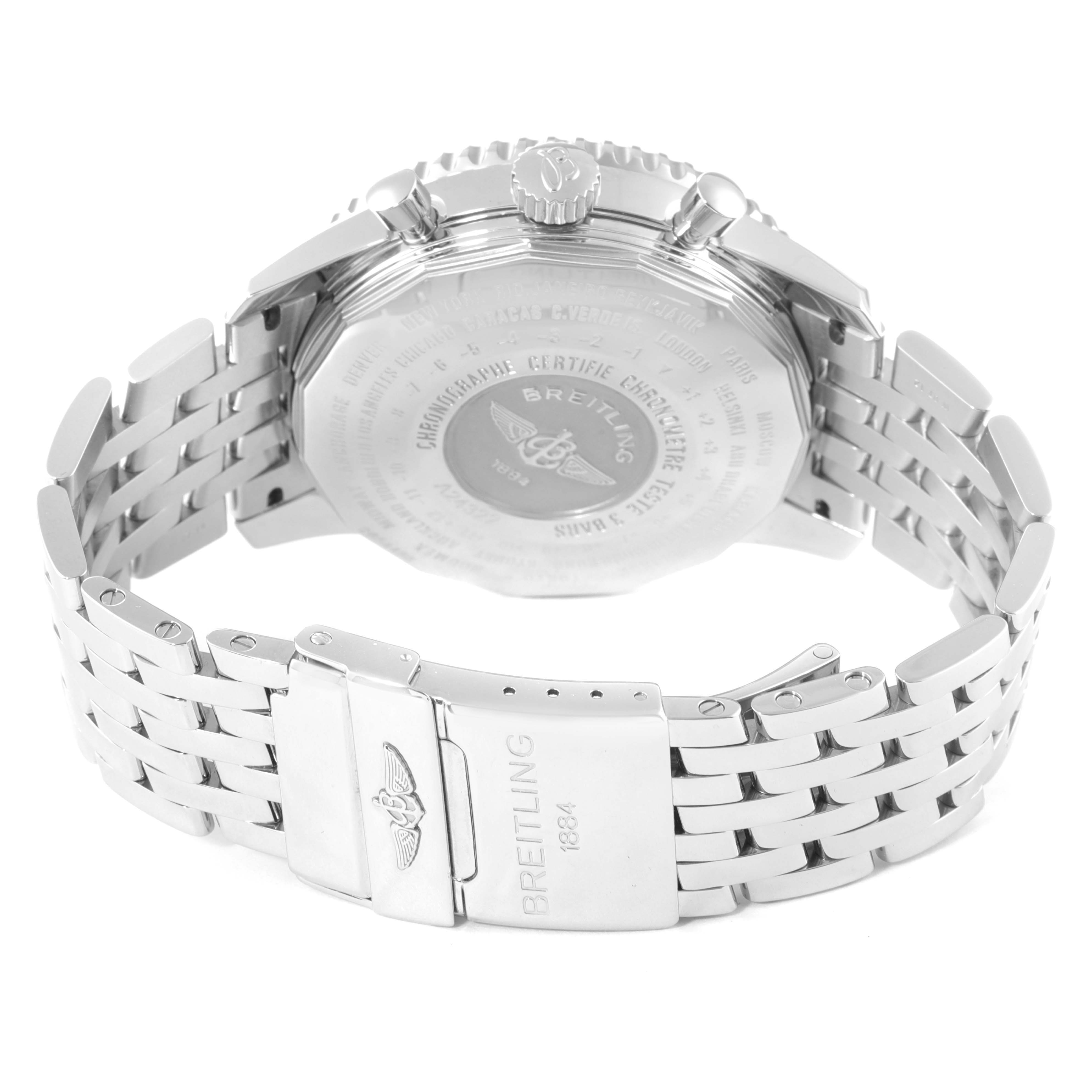 The image shows the back view of a Breitling Navitimer A24322 Men's Stainless Steel Silver Dial A24322 Men's Stainless Steel Silver Dial watch highlighting its case back, bracelet, and clasp.