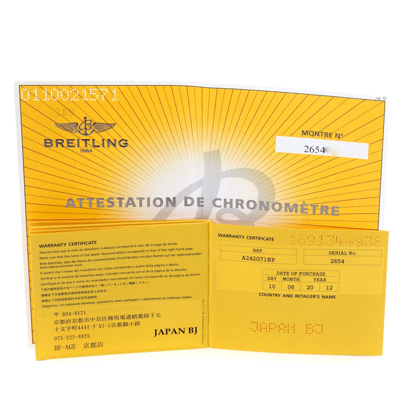 The image shows the warranty certificate and chronometer attestation for the Breitling Navitimer A24322 Men's Stainless Steel Silver Dial A24322 Men's Stainless Steel Silver Dial watch model.