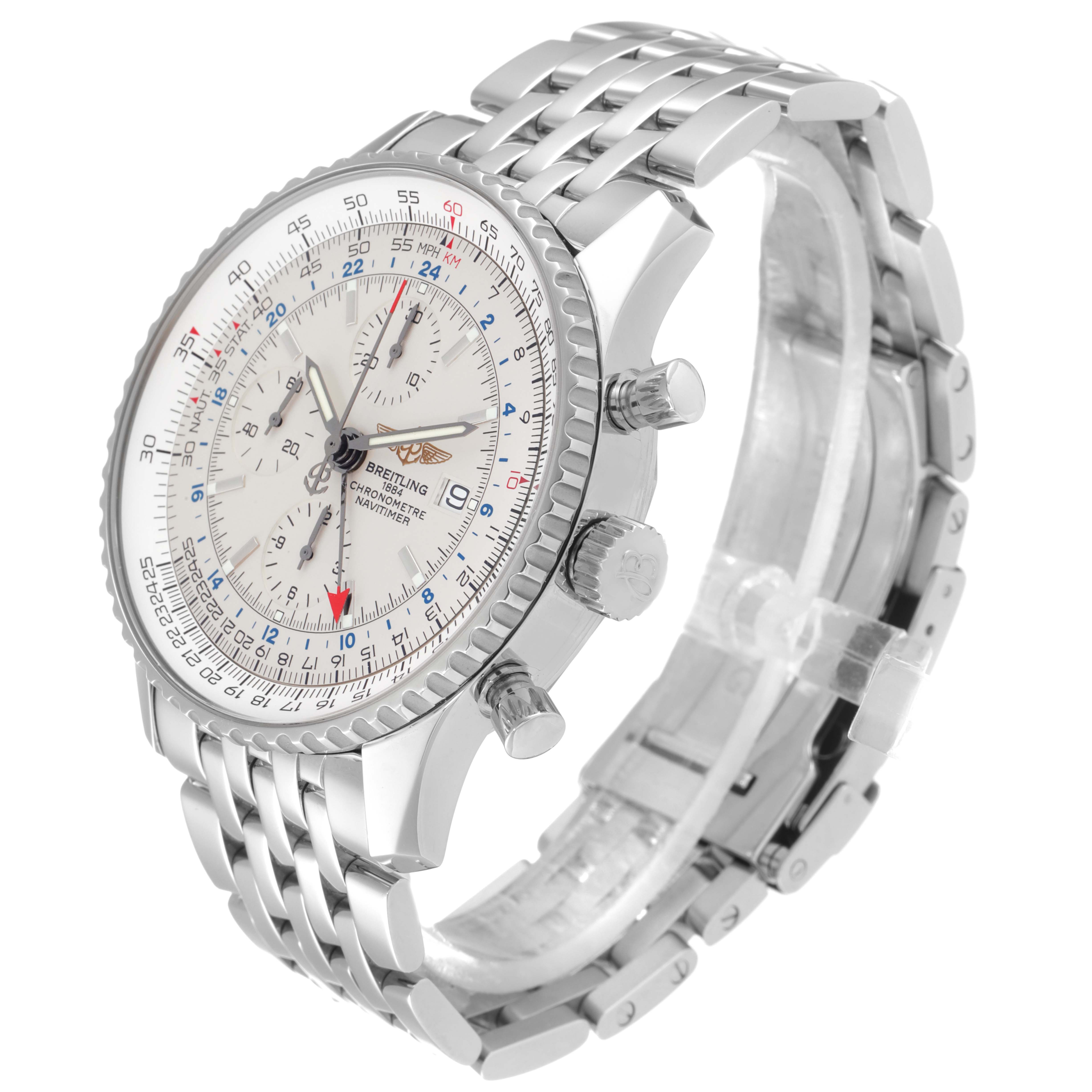 The image shows a Breitling Navitimer A24322 Men's Stainless Steel Silver Dial A24322 Men's Stainless Steel Silver Dial watch, viewed from a 3/4 angle, displaying the dial, bezel, crown, and bracelet.