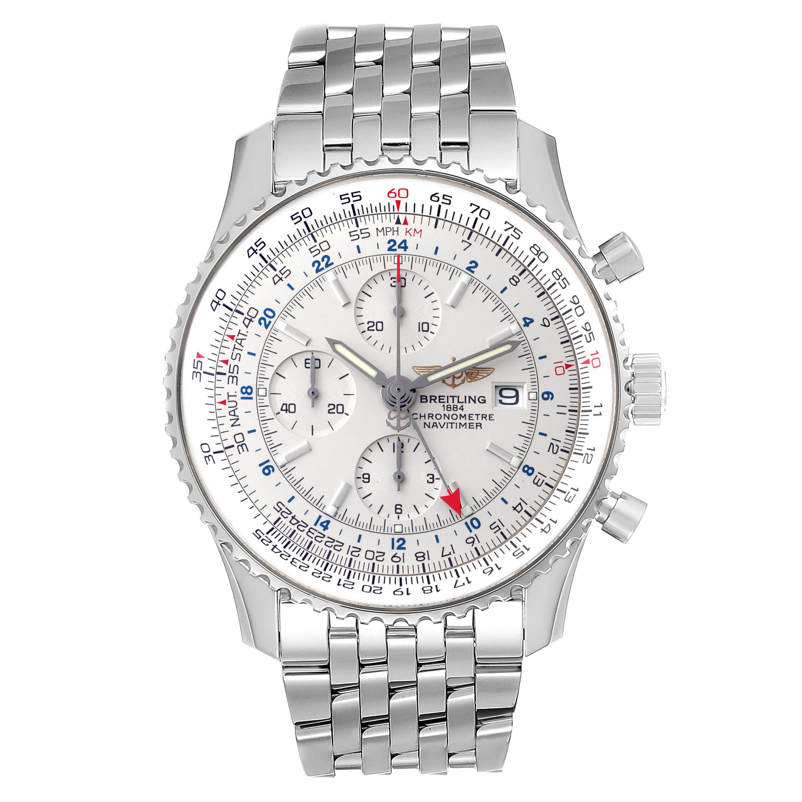 The image shows a front view of the Breitling Navitimer A24322 Men's Stainless Steel Silver Dial A24322 Men's Stainless Steel Silver Dial watch, displaying its dial, bezel, crown, and bracelet.