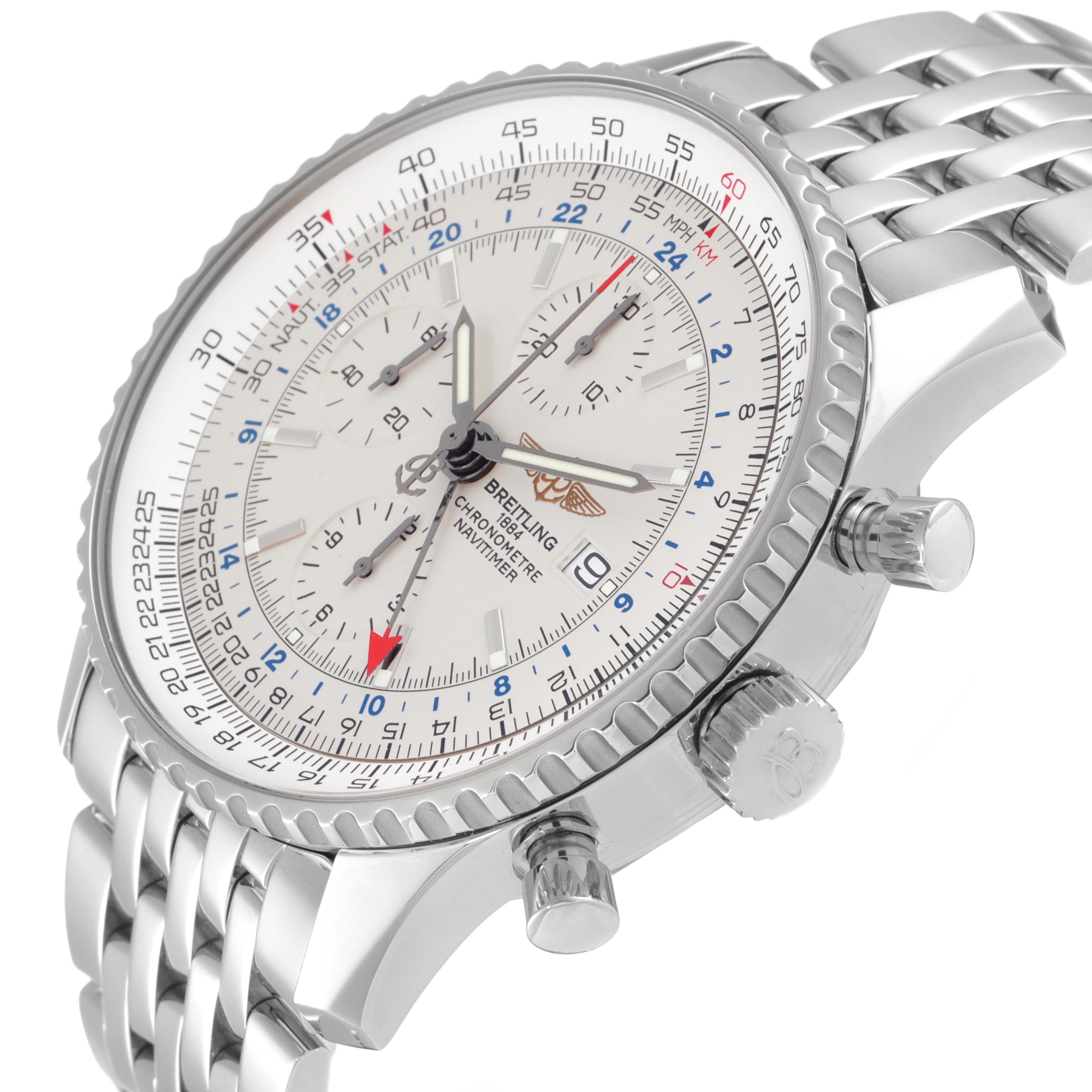 The Breitling Navitimer A24322 Men's Stainless Steel Silver Dial A24322 Men's Stainless Steel Silver Dial watch is shown at an angled view, highlighting its dial, bezel, sub-dials, and stainless steel bracelet.