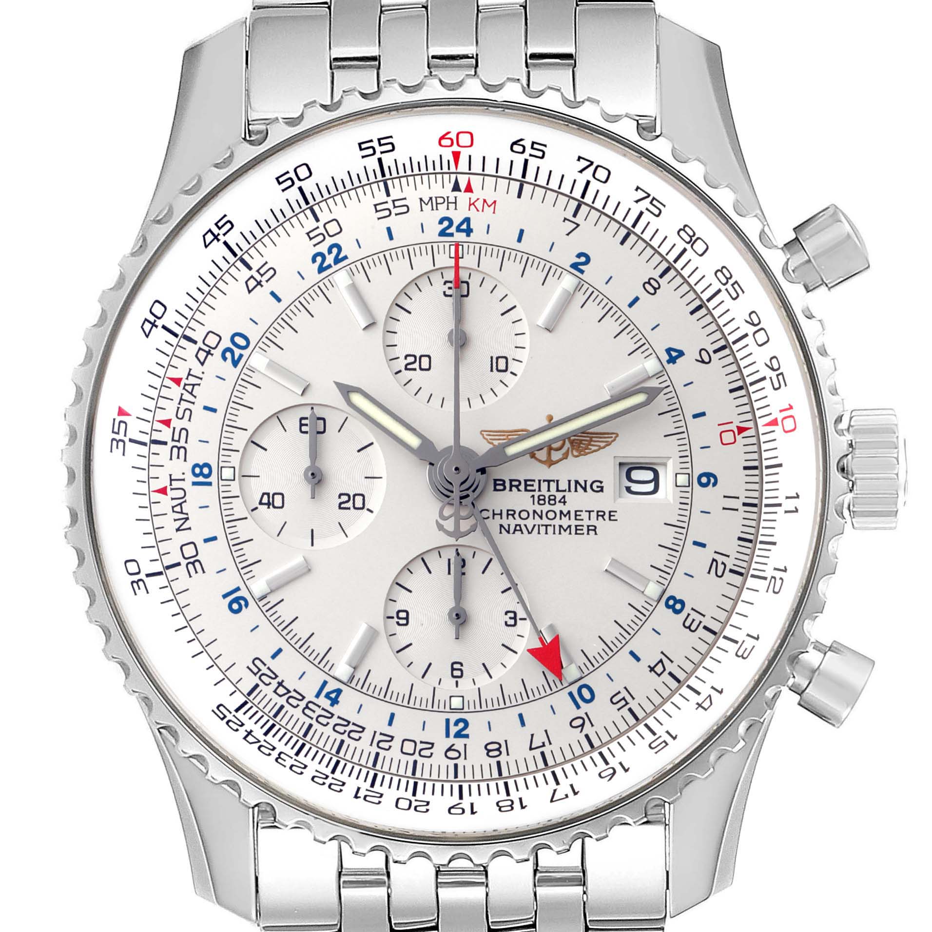 The image shows a front view of a Breitling Navitimer A24322 Men's Stainless Steel Silver Dial A24322 Men's Stainless Steel Silver Dial watch, displaying its intricate dial, bezel, and stainless steel bracelet.