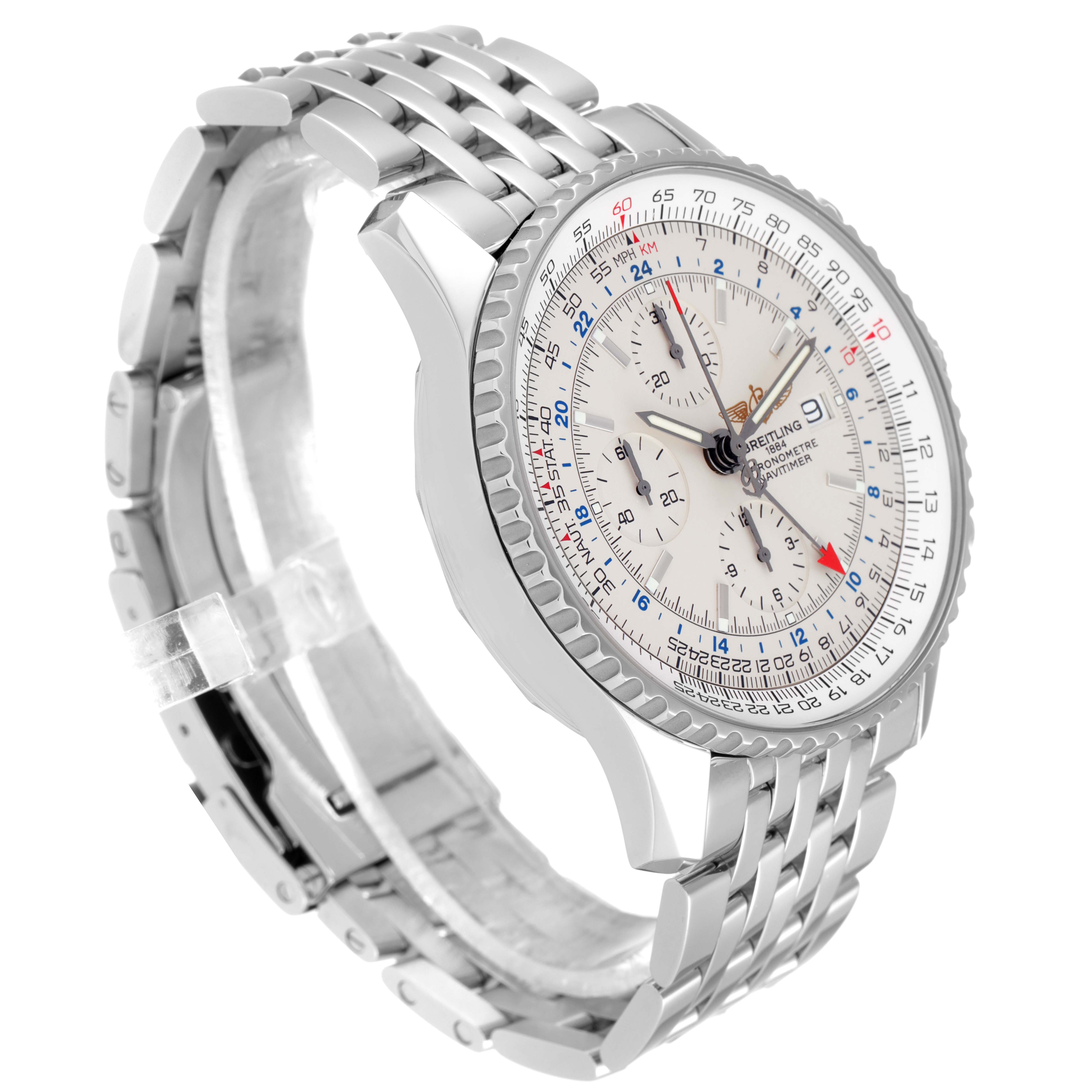 The image shows a side angle of a Breitling Navitimer A24322 Men's Stainless Steel Silver Dial A24322 Men's Stainless Steel Silver Dial watch, highlighting its face and metal bracelet.