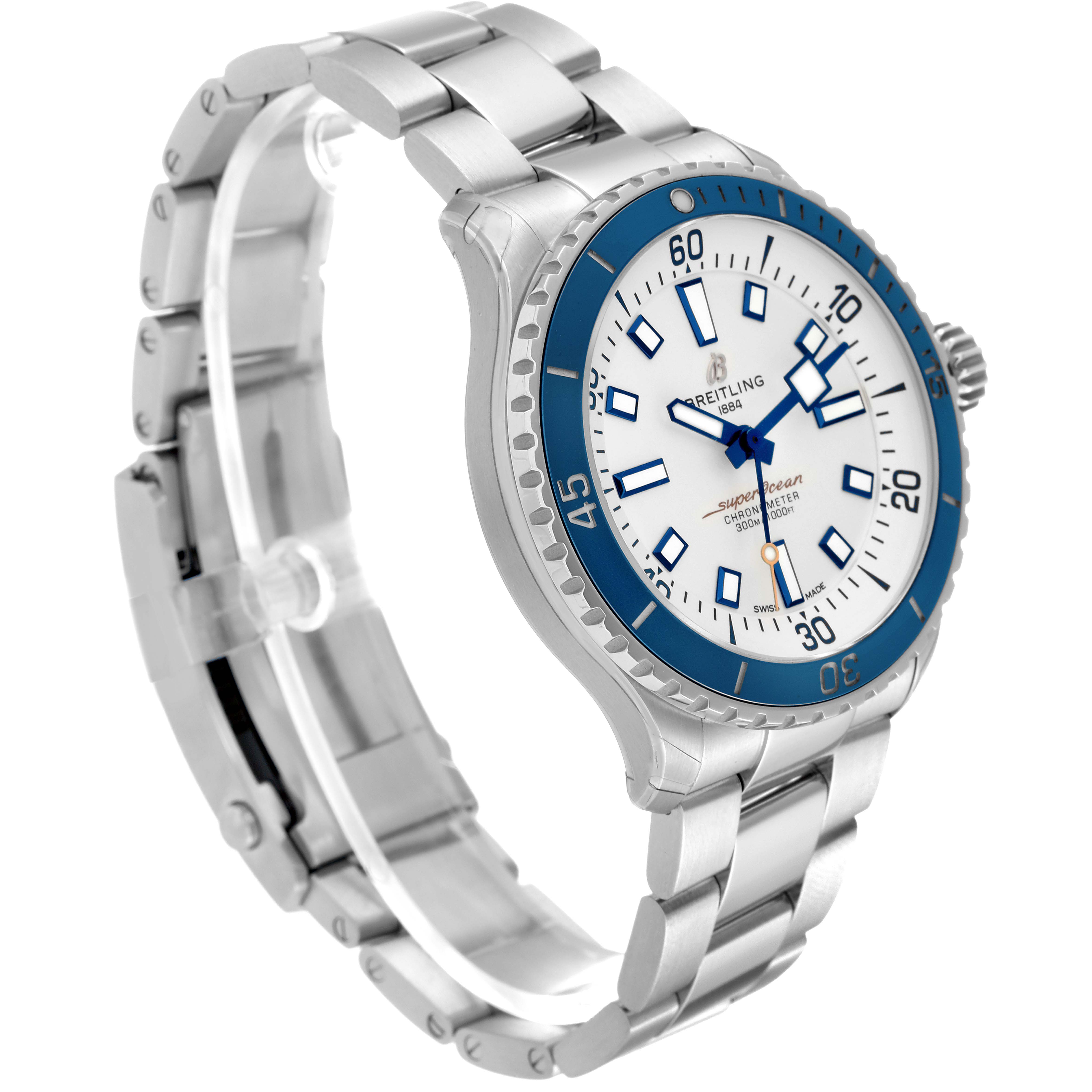 This is a Breitling Superocean A17375 Men's Stainless Steel White Dial A17375 Men's Stainless Steel White Dial watch shown from an oblique angle, highlighting its metal bracelet, bezel, and watch face.