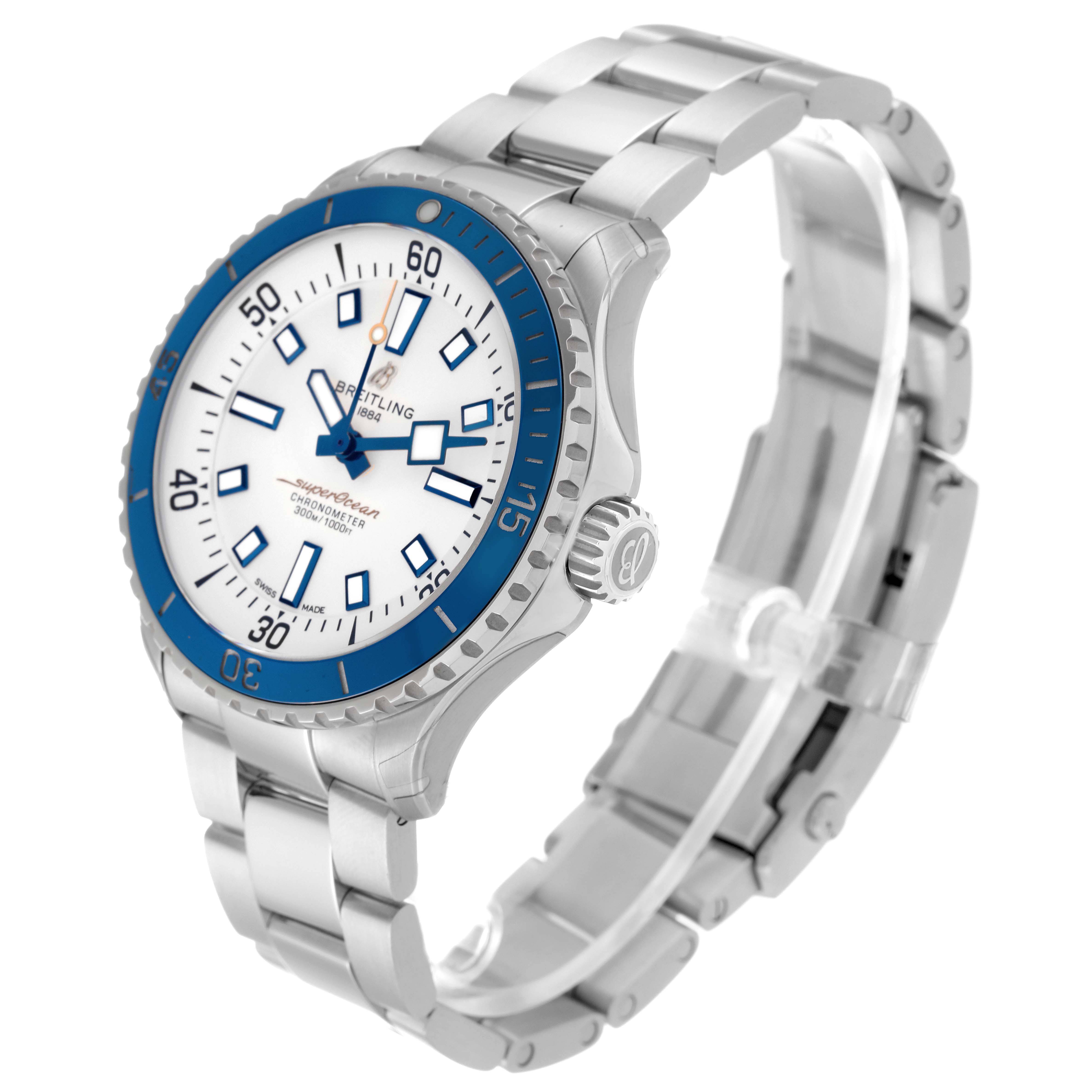 The image shows a diagonal view of the Breitling Superocean A17375 Men's Stainless Steel White Dial A17375 Men's Stainless Steel White Dial watch, highlighting its face, bezel, and stainless steel bracelet.