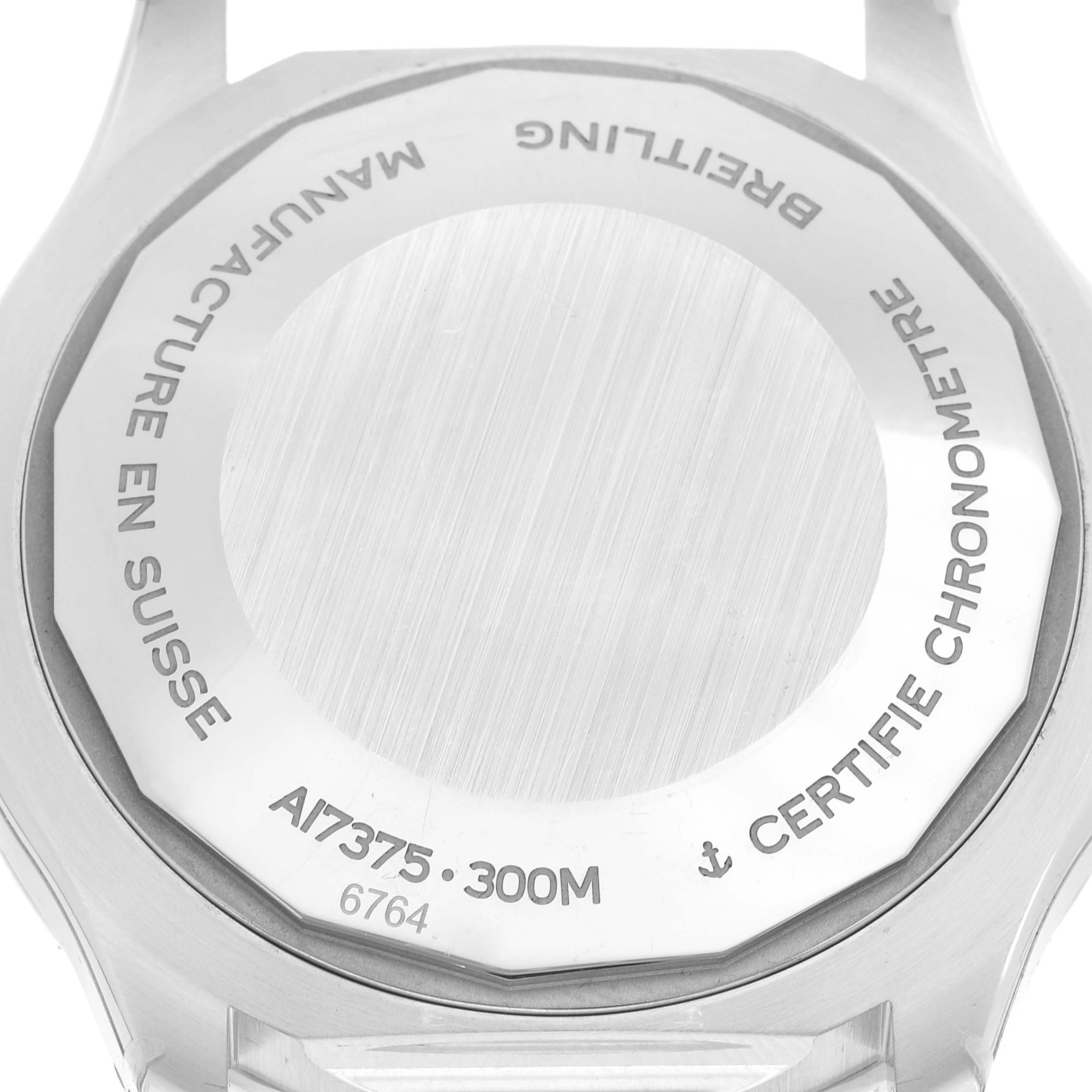 The image shows the back case of a Breitling Superocean A17375 Men's Stainless Steel White Dial A17375 Men's Stainless Steel White Dial watch, highlighting the engravings and specifications.