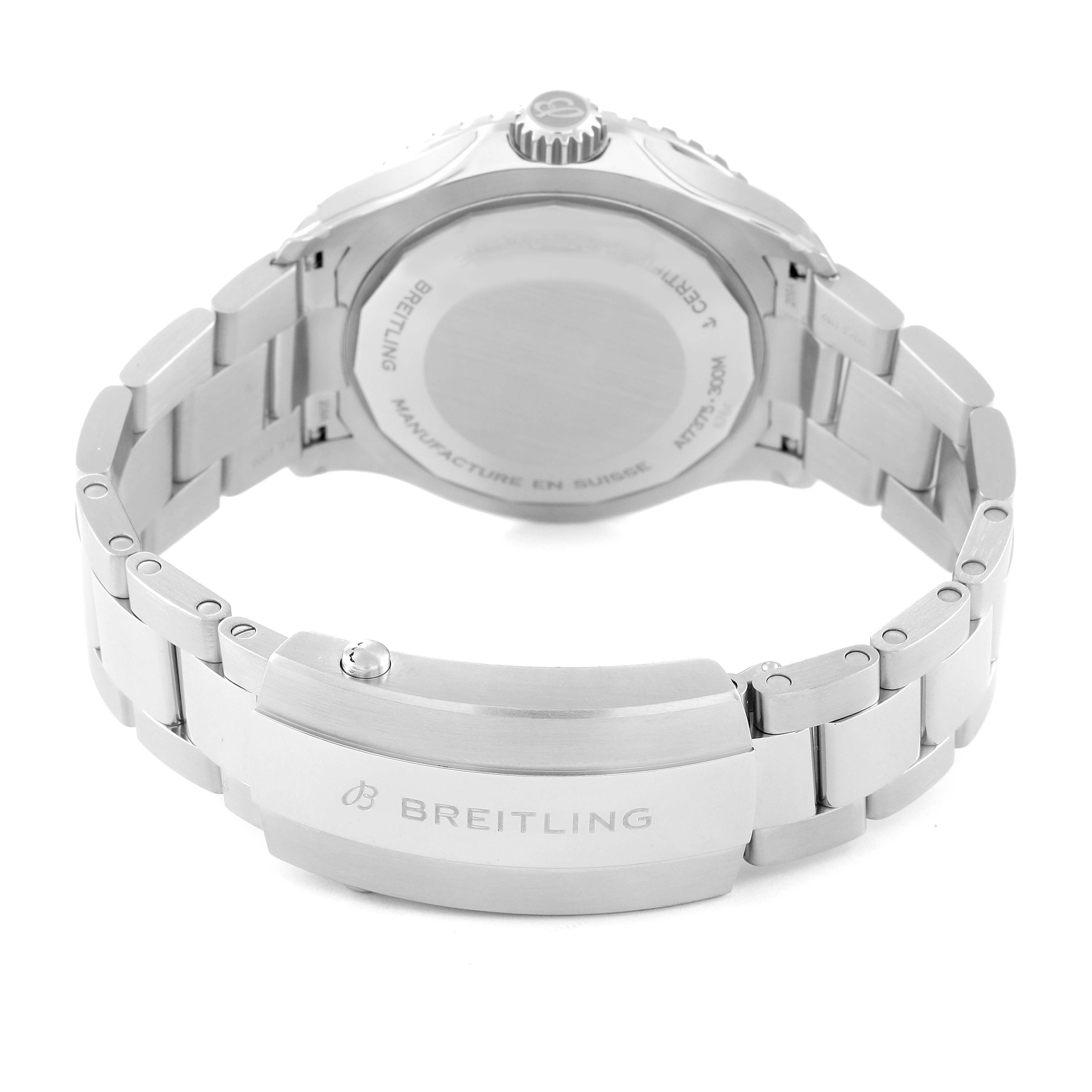The image shows the back view of the Breitling Superocean A17375 Men's Stainless Steel White Dial A17375 Men's Stainless Steel White Dial watch, highlighting its stainless steel bracelet and clasp.