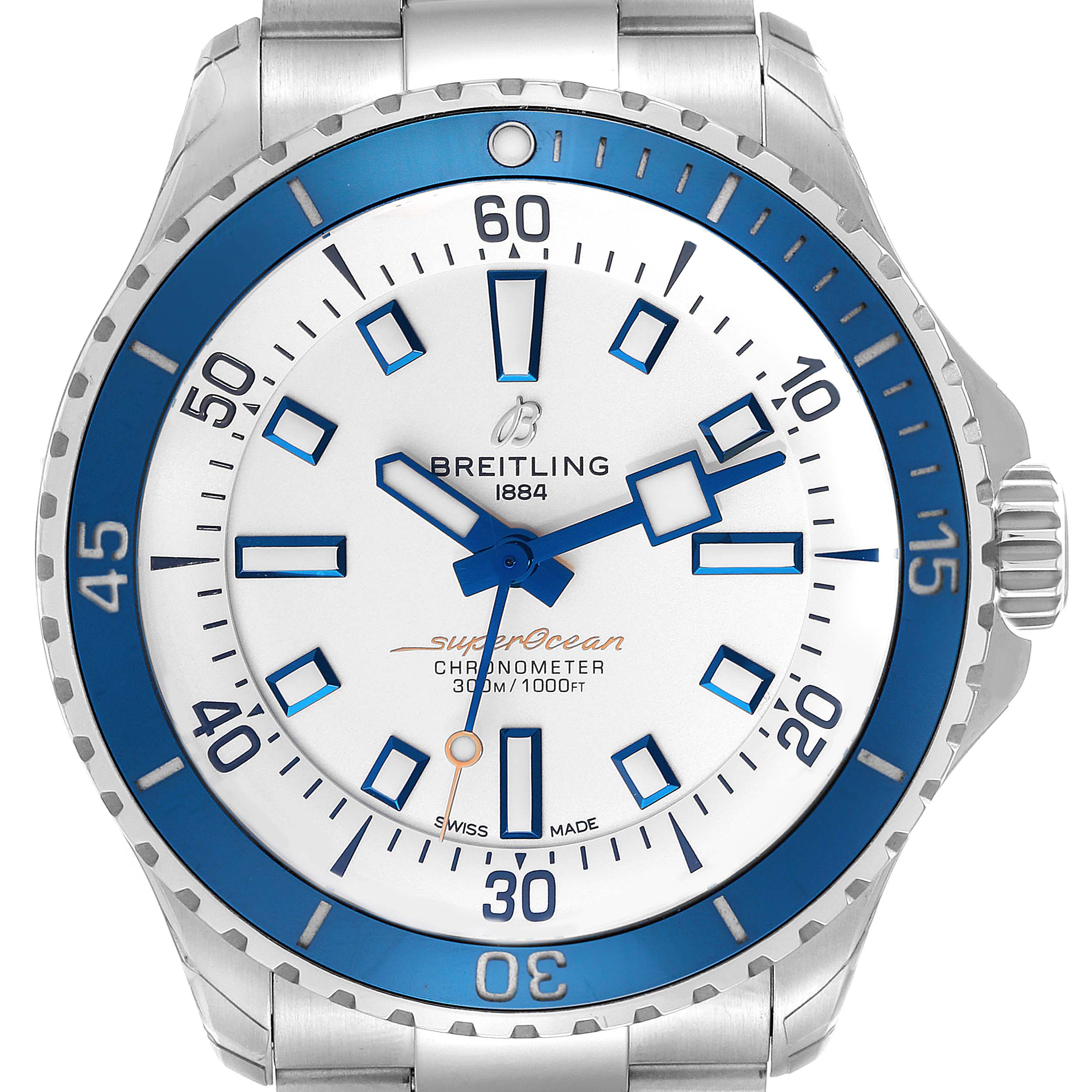 This image shows a front view of the Breitling Superocean A17375 Men's Stainless Steel White Dial A17375 Men's Stainless Steel White Dial watch, highlighting the dial, bezel, and part of the bracelet.
