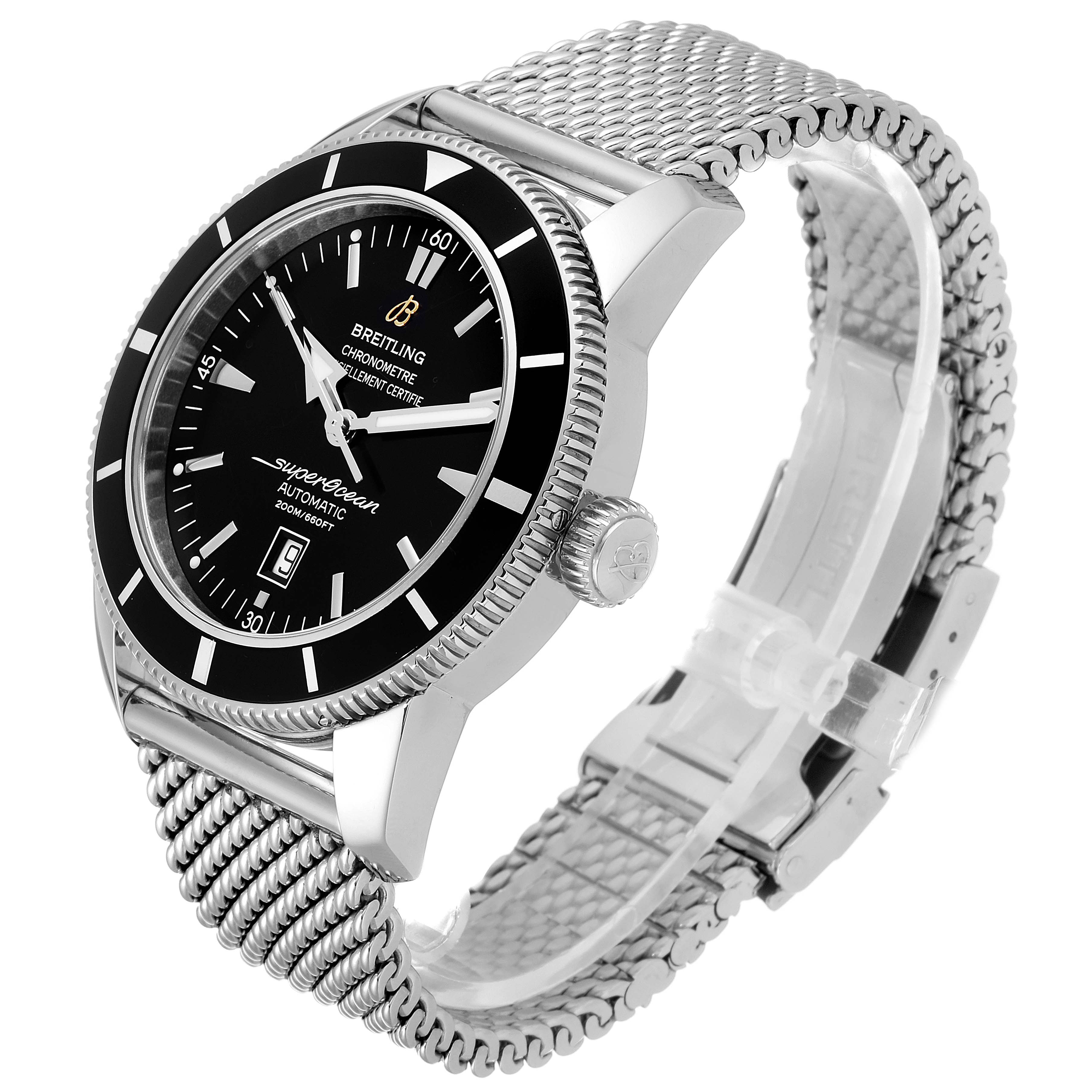 The Breitling Superocean A17320 Men's Stainless Steel Black Dial A17320 Men's Stainless Steel Black Dial watch is shown at a three-quarter angle, displaying the face, bezel, crown, and mesh bracelet.