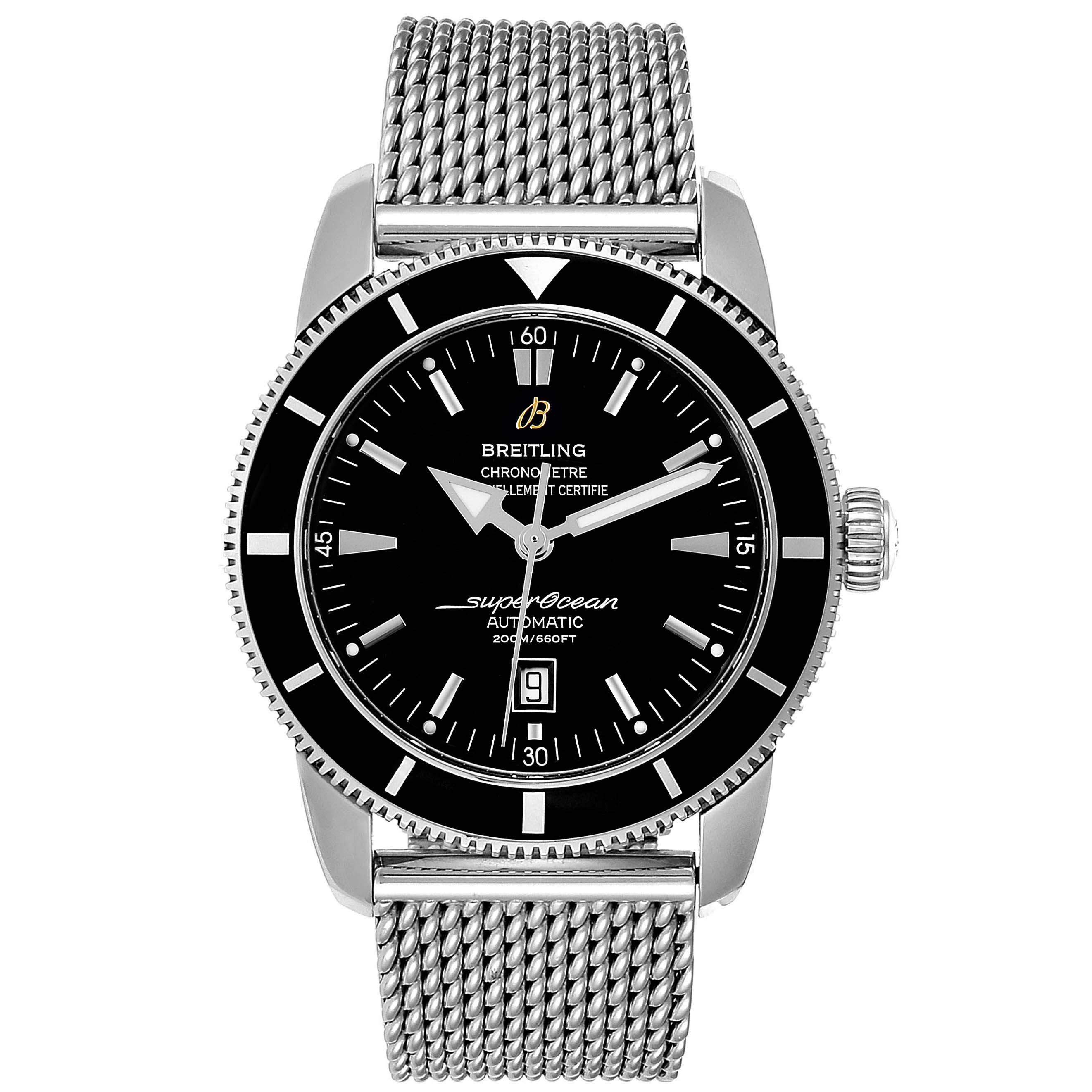The image shows a front view of the Breitling Superocean A17320 Men's Stainless Steel Black Dial A17320 Men's Stainless Steel Black Dial watch, featuring its face, bezel, crown, and mesh strap.