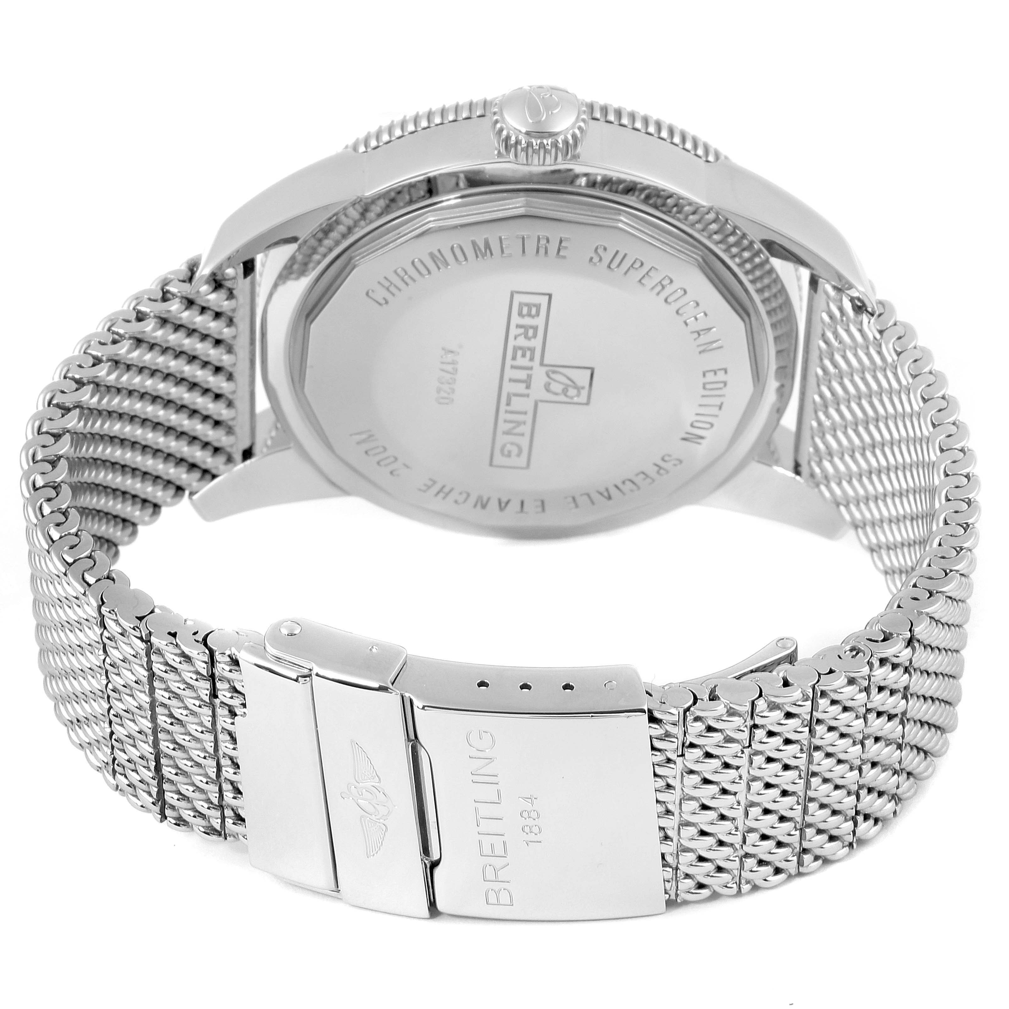 The image shows the back case and metal mesh strap of a Breitling Superocean A17320 Men's Stainless Steel Black Dial A17320 Men's Stainless Steel Black Dial watch from a rear-angle view.