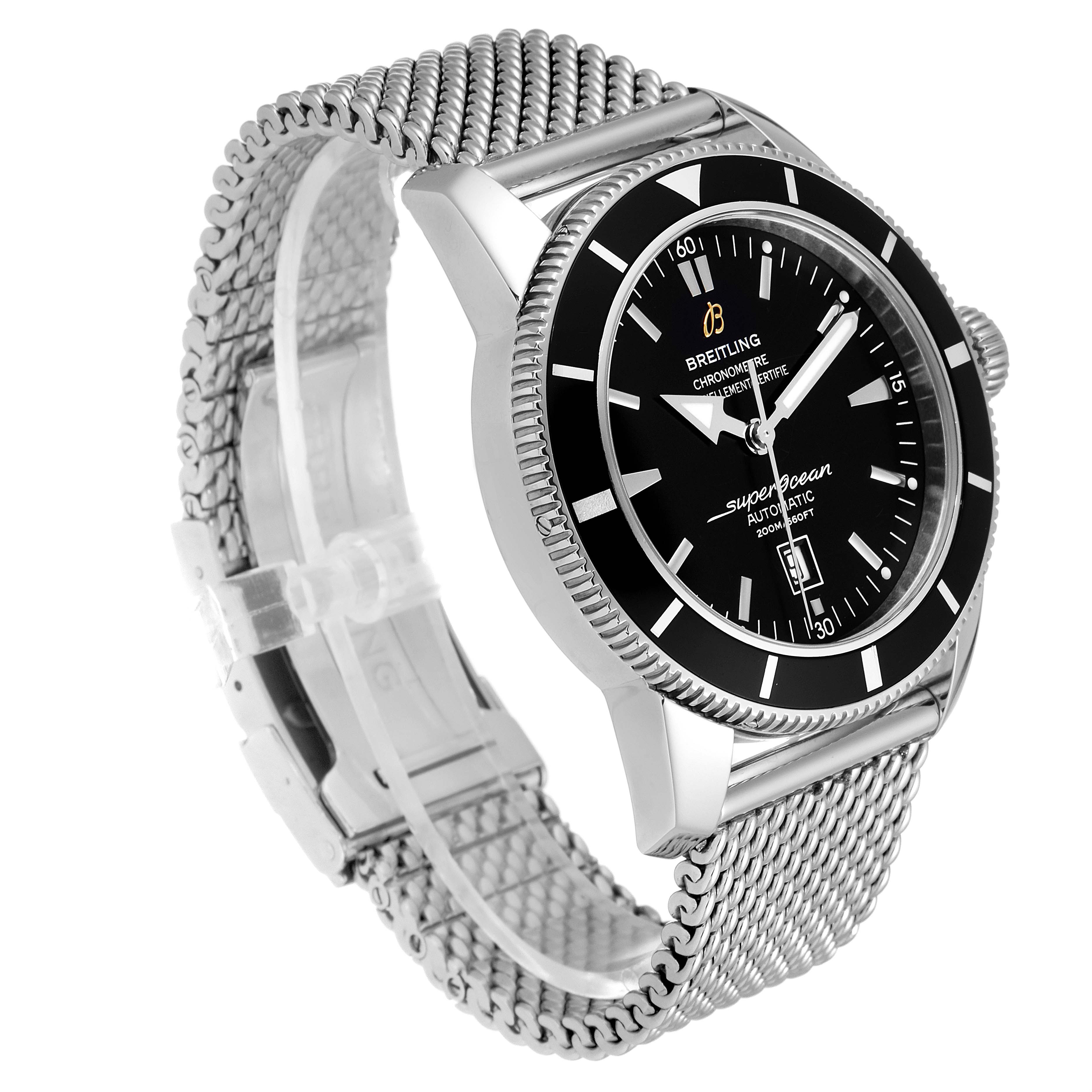The image shows a side angle of the Breitling Superocean A17320 Men's Stainless Steel Black Dial A17320 Men's Stainless Steel Black Dial watch, highlighting its mesh bracelet and black dial.