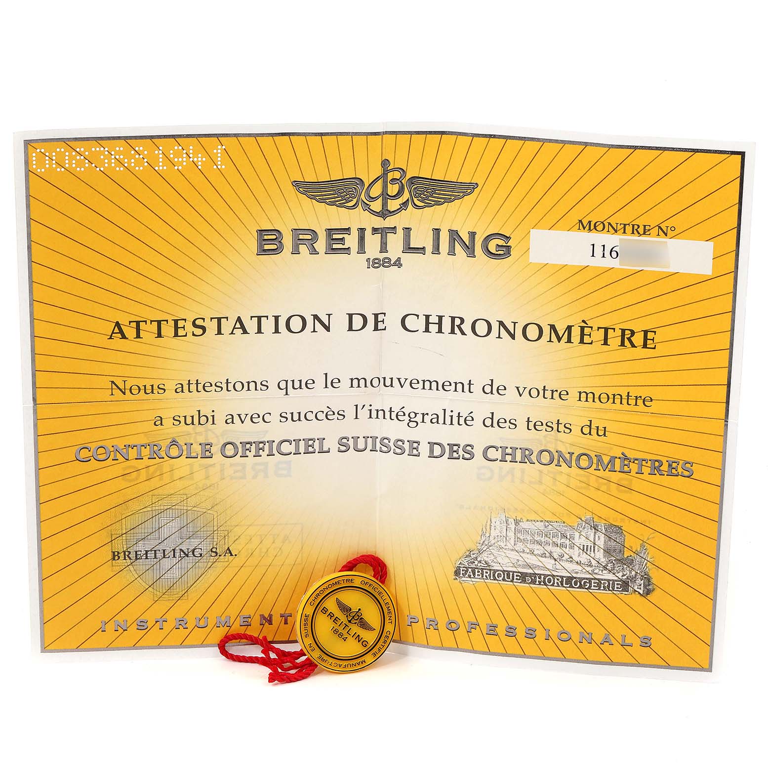 The image shows a Breitling Superocean A17320 Men's Stainless Steel Black Dial A17320 Men's Stainless Steel Black Dial certification document and a chronometer tag.