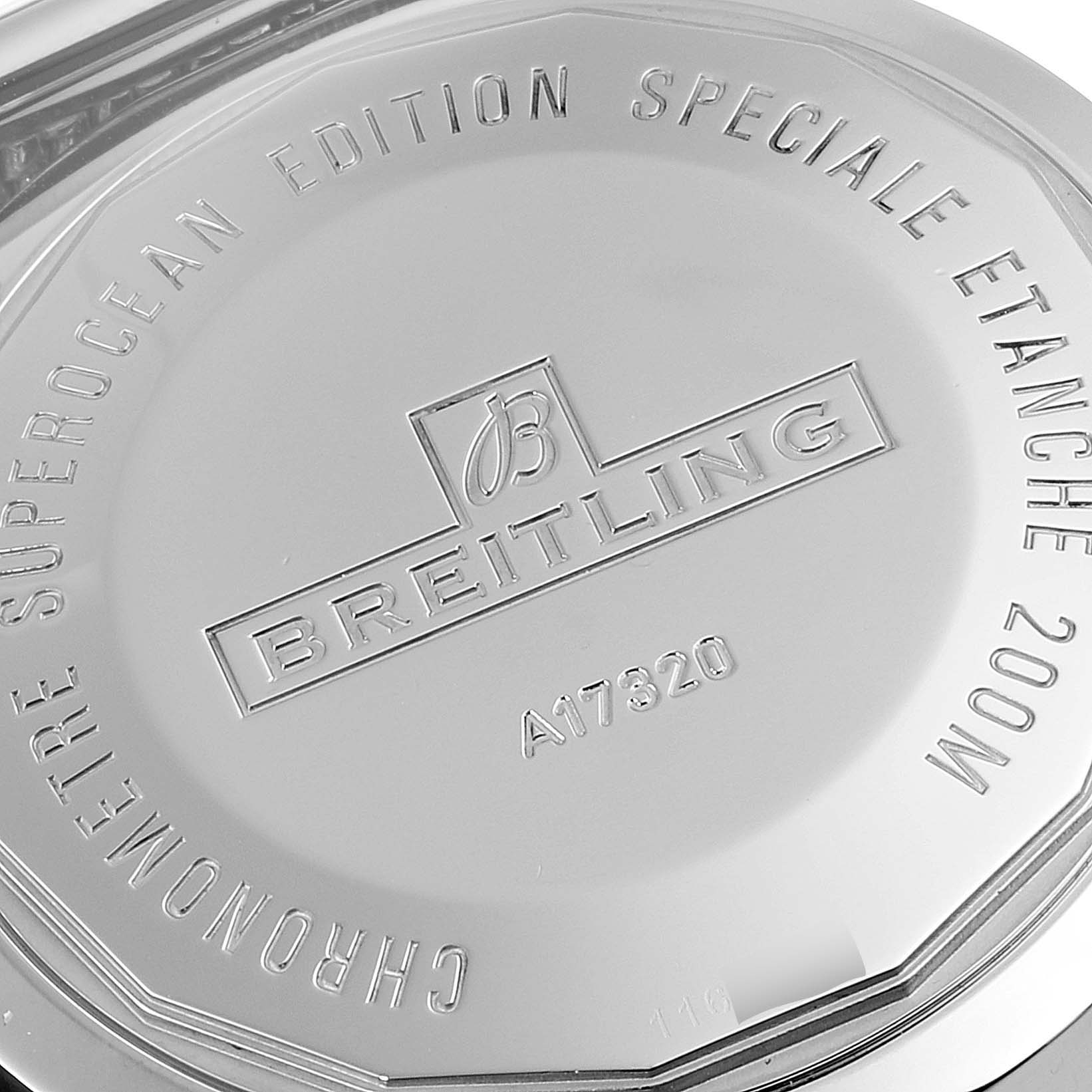 The image shows a close-up of the back case of a Breitling Superocean A17320 Men's Stainless Steel Black Dial A17320 Men's Stainless Steel Black Dial watch, highlighting its engravings.