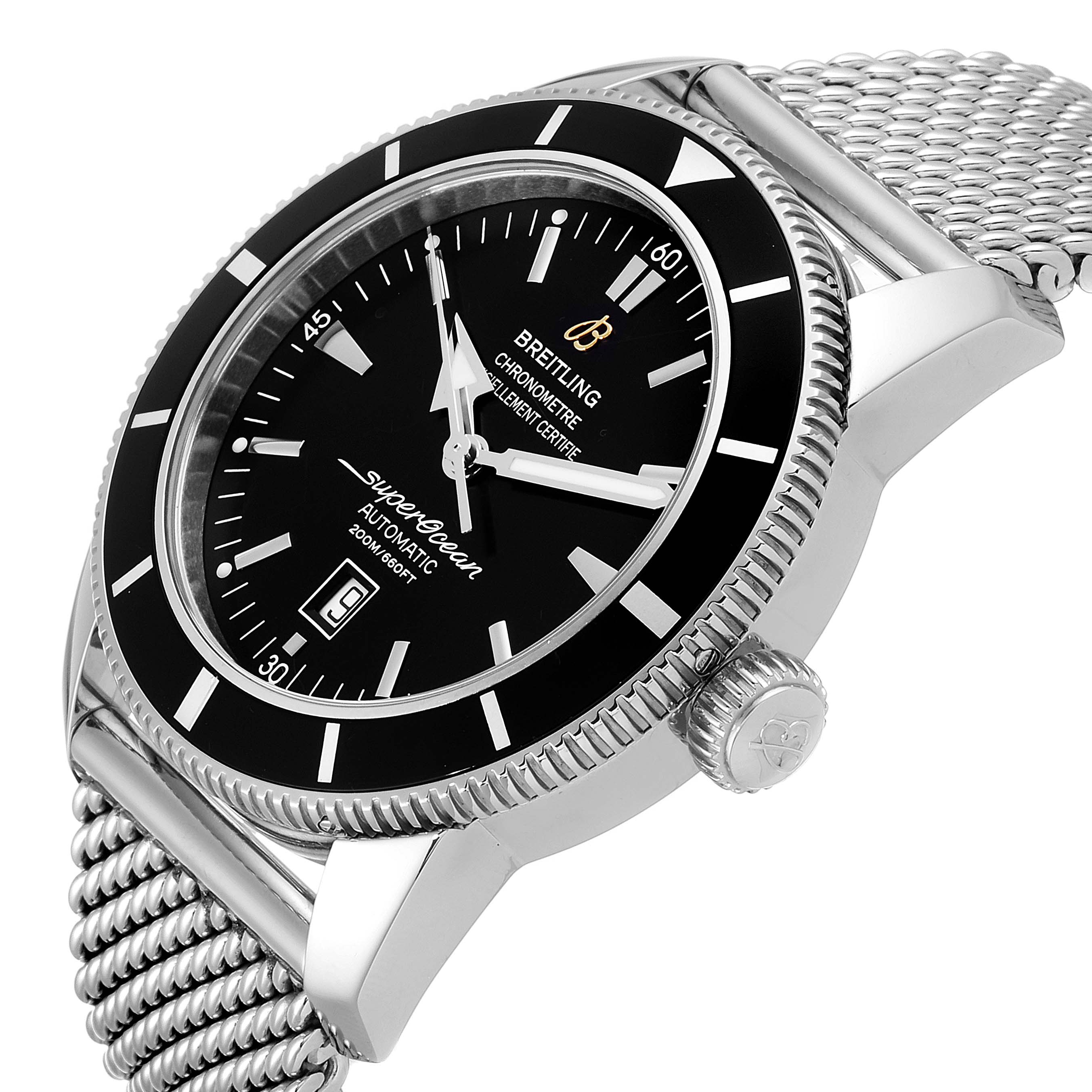This Breitling Superocean A17320 Men's Stainless Steel Black Dial A17320 Men's Stainless Steel Black Dial watch is shown at a three-quarters angle, displaying the dial, bezel, crown, and stainless steel mesh band.