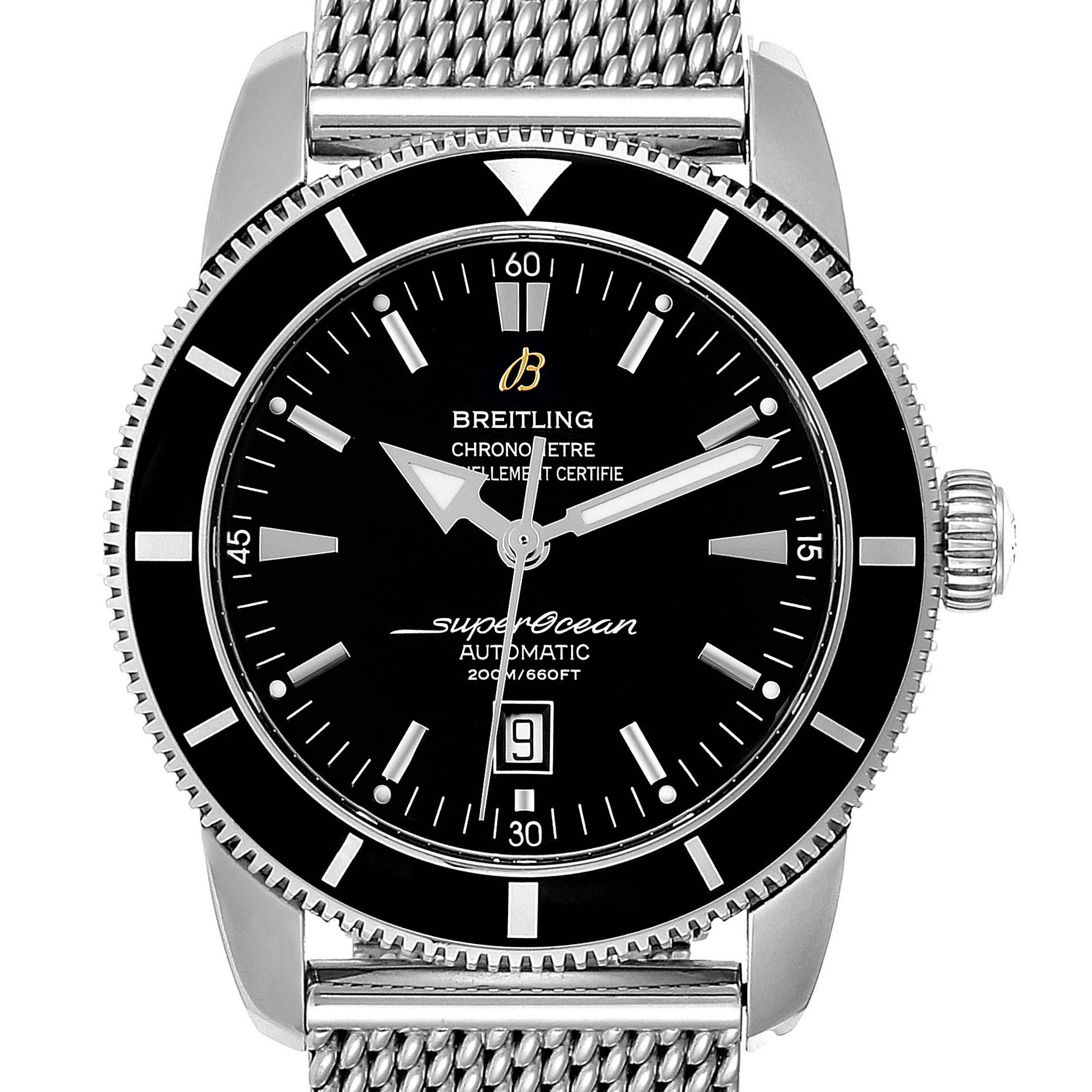 The image shows a front view of the Breitling Superocean A17320 Men's Stainless Steel Black Dial A17320 Men's Stainless Steel Black Dial watch, highlighting its black dial, bezel, hands, and mesh bracelet.